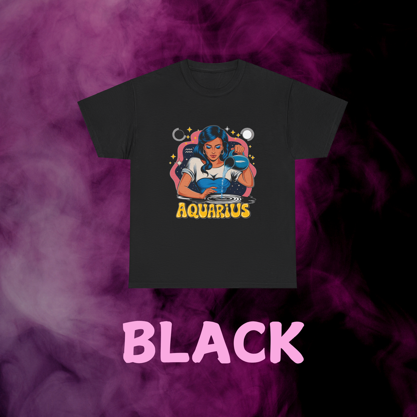 Vintage print black tee: Aquarius woman pouring pitcher with constellation backdrop & sign. Astrology apparel.