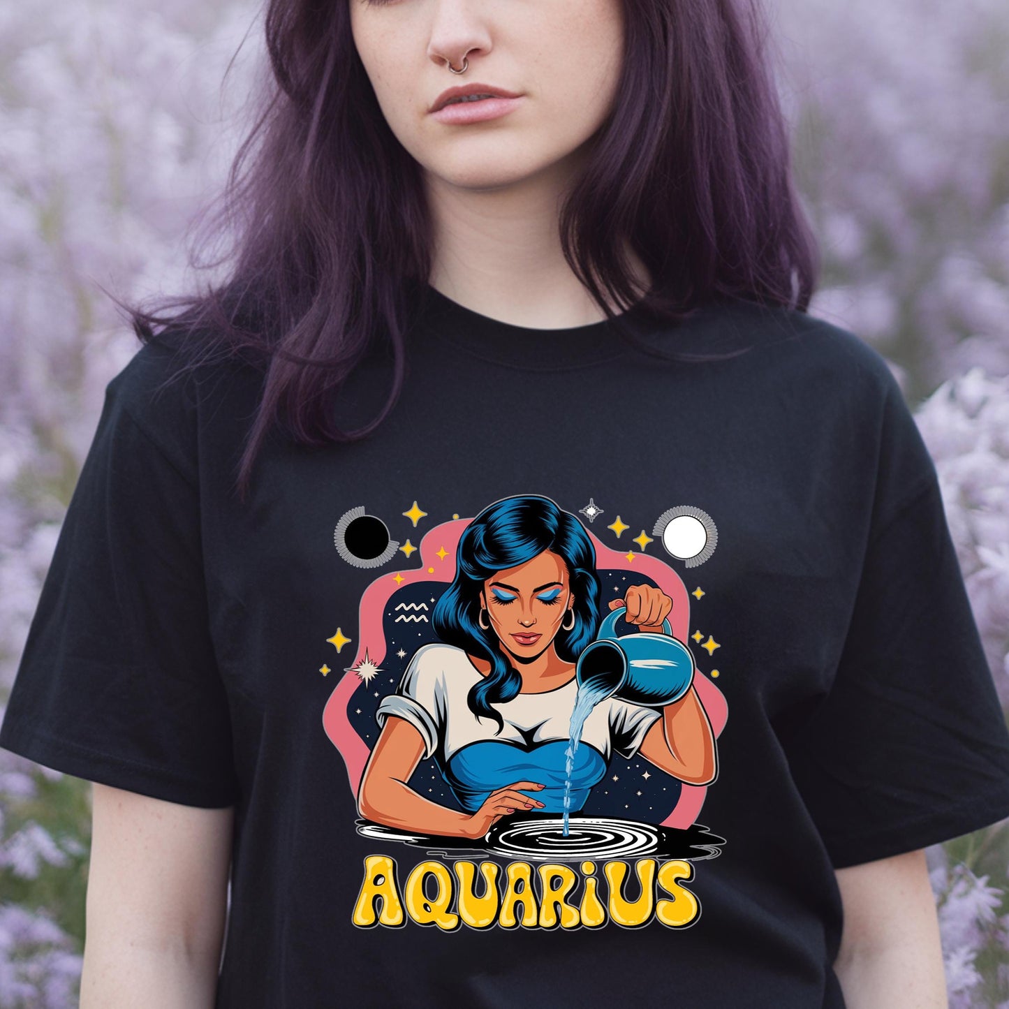 Uranus ruled Aquarius vintage style black tee: woman pouring water design with sign & constellations. Zodiac fashion.