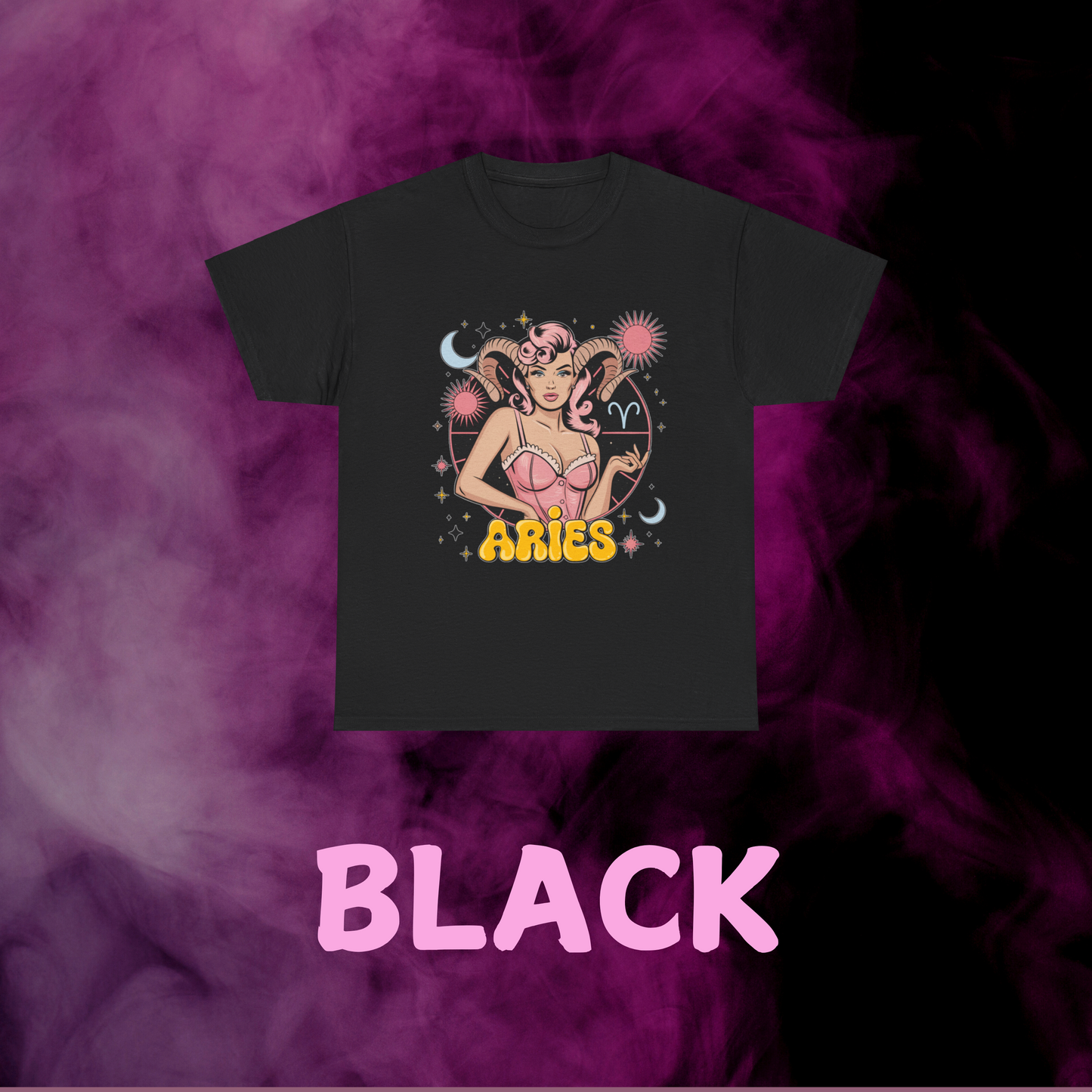 Mars ruled Aries vintage black shirt showing ram horned woman & constellation art with sign. Zodiac fashion tee.