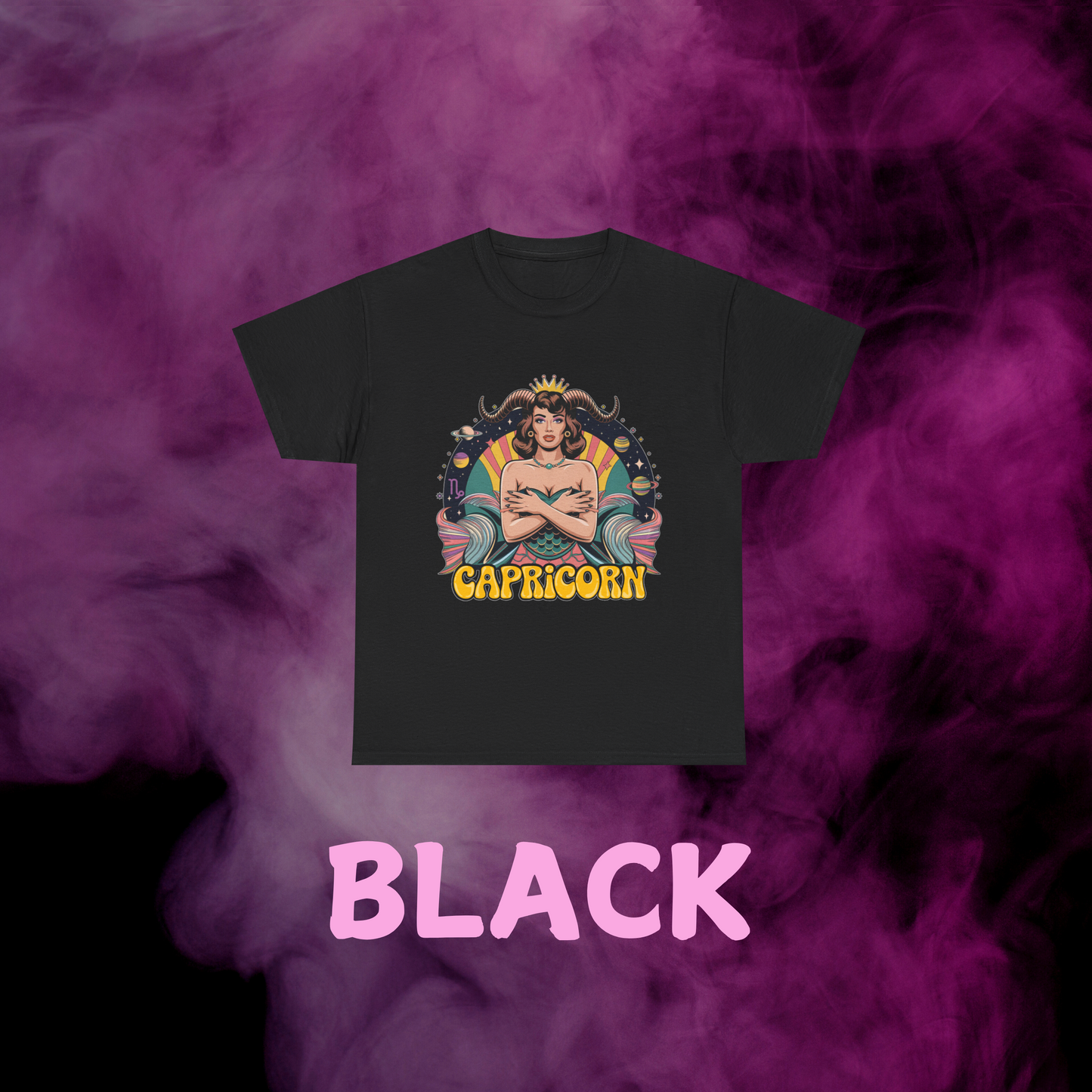 Earth sign Capricorn vintage black tee: graphic of woman with fish tail & goat horn, sign, space motifs. December birthday.