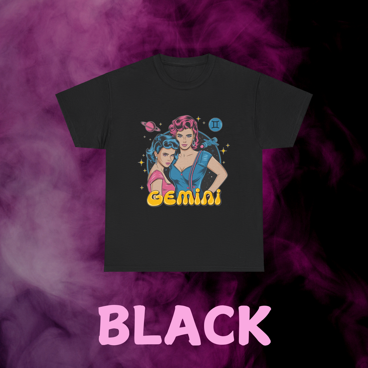 Black Zodiac t-shirt: Retro Gemini aesthetic.