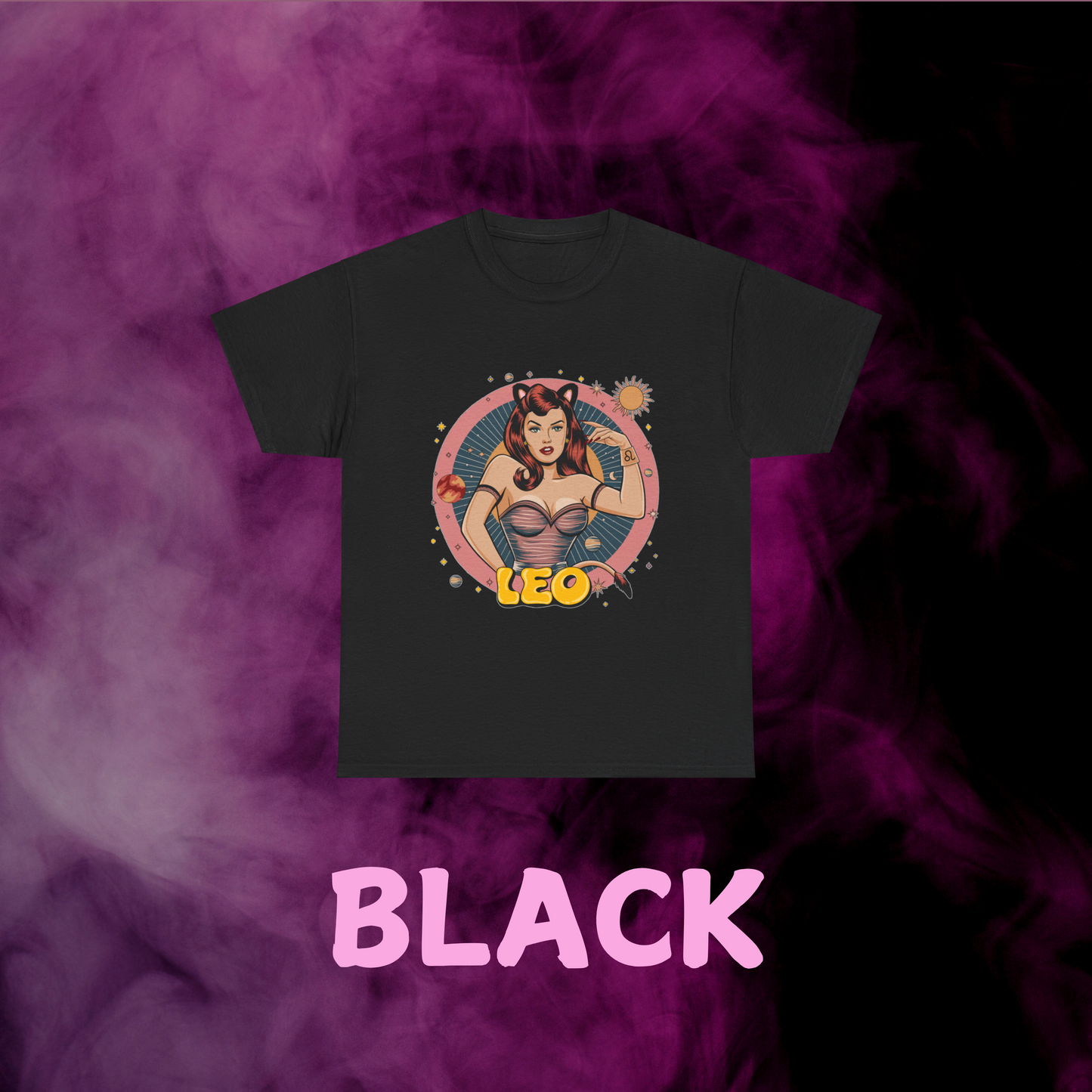 Vintage Leo star sign graphic tee in black, featuring distressed retro girl with feline features. Astrology fans design.