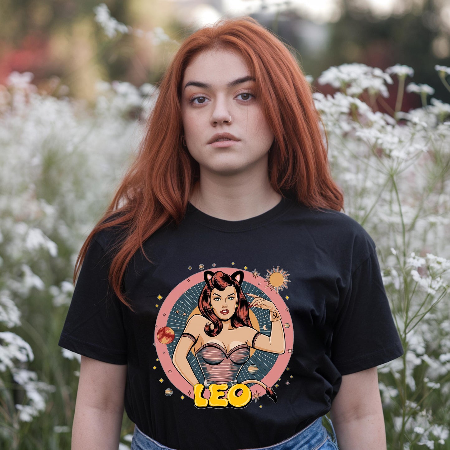 Black retro Leo zodiac t-shirt showcasing classic distressed artwork of a girl with feline features. Horoscope apparel gift