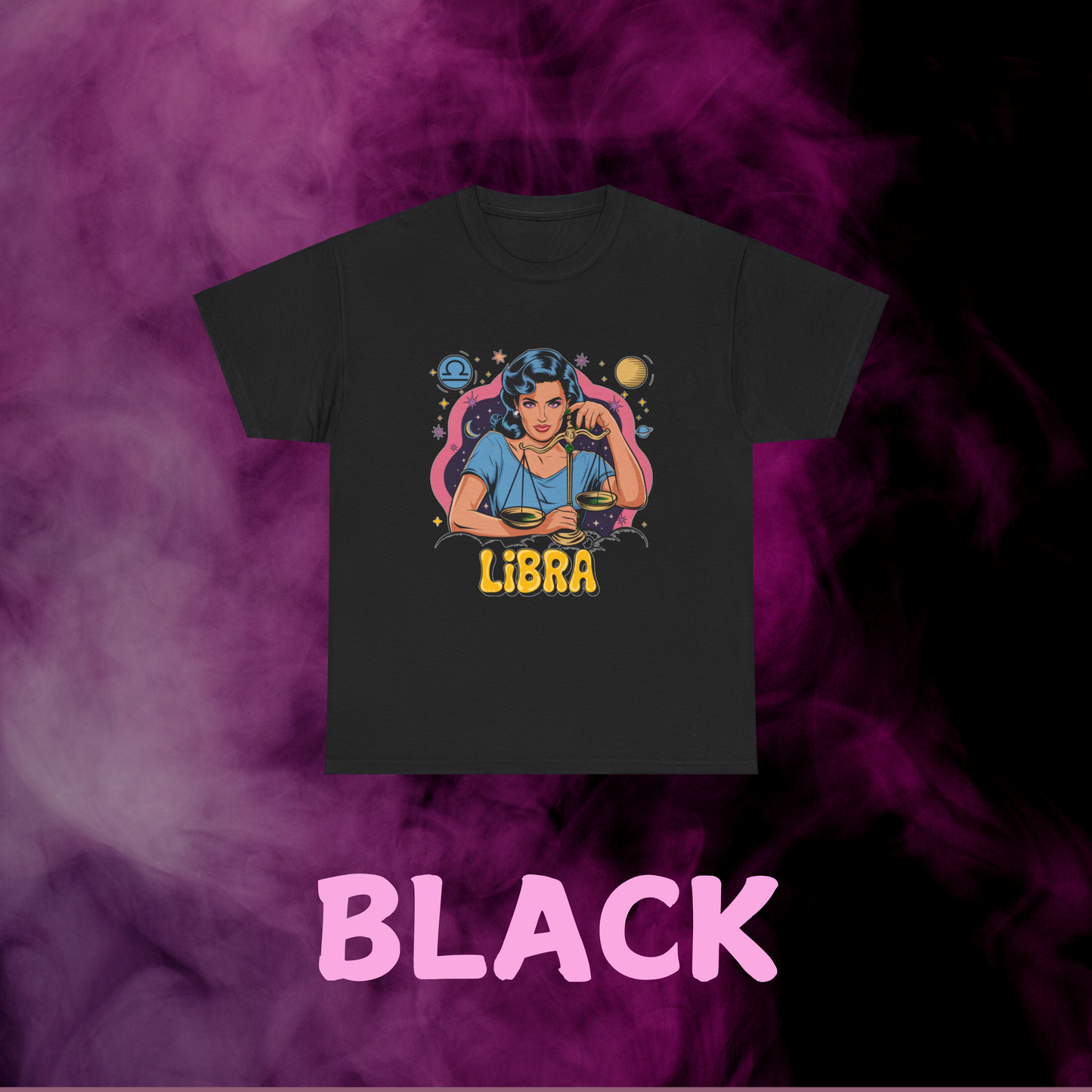 Air sign Libra vintage black t-shirt: woman holding scales design with symbol & constellations. September birthday.