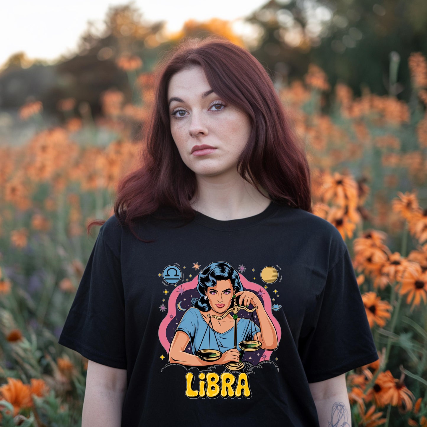 Gothic aesthetic black tee showing vintage Libra woman scales graphic, symbol & celestial accents. Astrology gift.