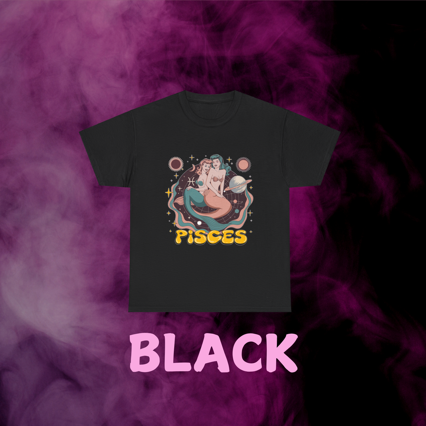 Black vintage Pisces zodiac t-shirt featuring classic distressed fish artwork. Horoscope apparel gift.