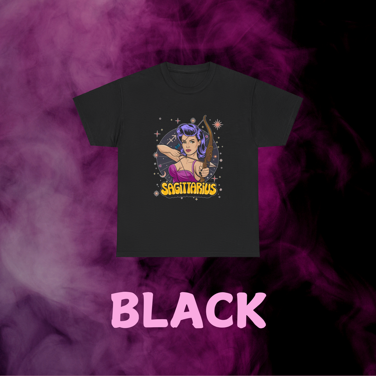 vintage black tee showing colorful woman archer, Sagittarius symbol & surrounding constellations. Retro zodiac apparel.
