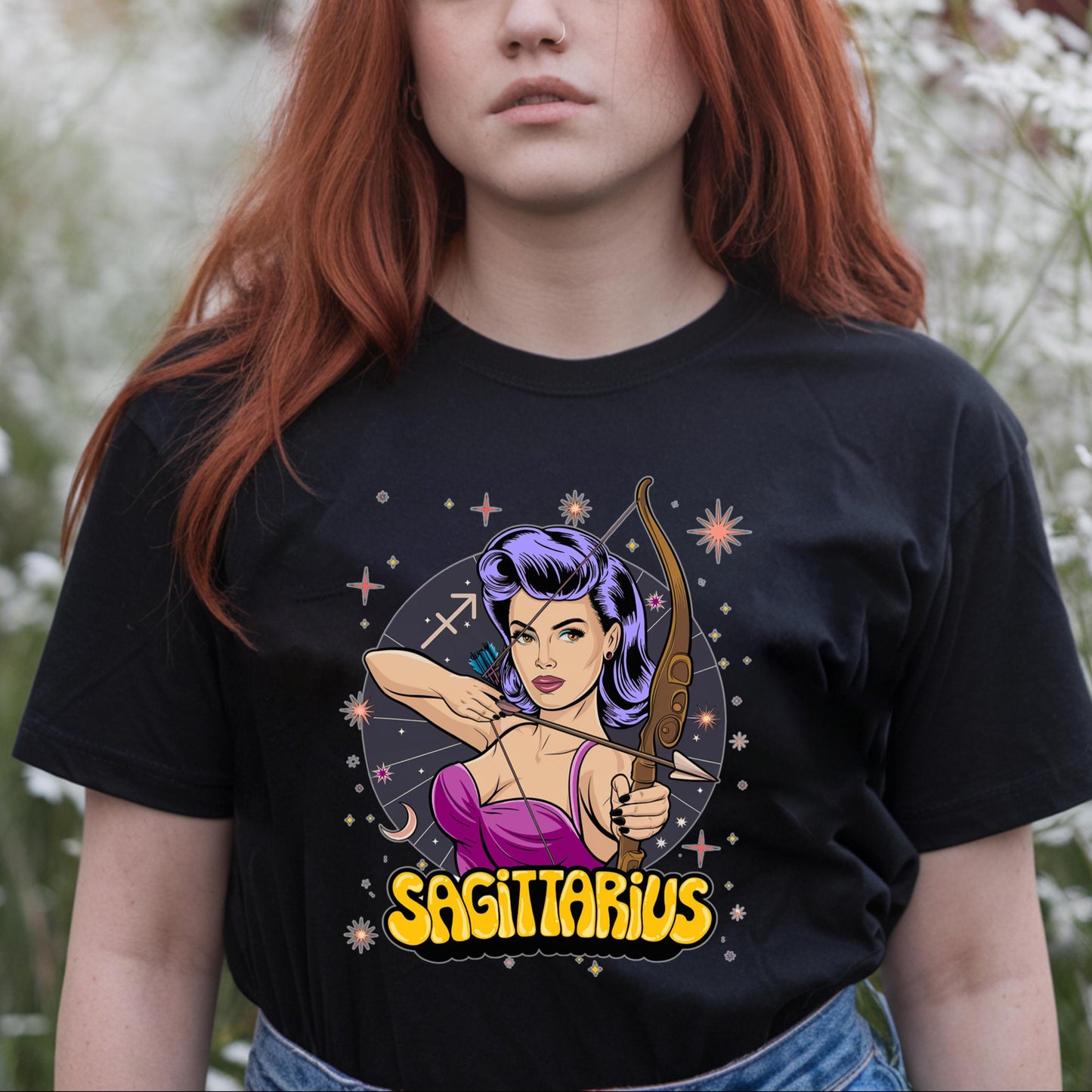 Vintage style black Sagittarius tee: colorful graphic of woman archer, constellations, Sag symbol. December birthday gift.