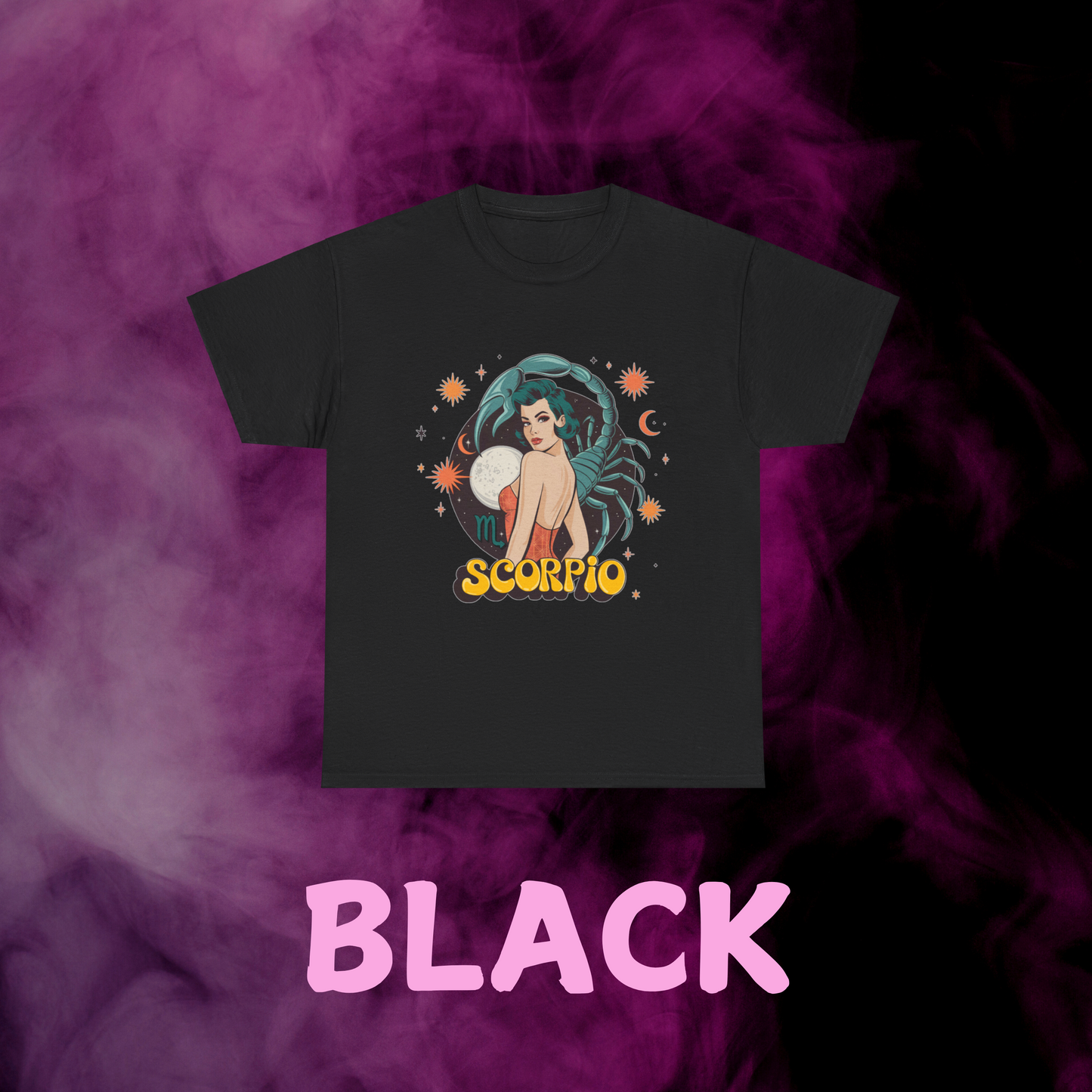 Retro Scorpio star sign graphic tee in black. Distressed vintage design perfect for astrology lovers.