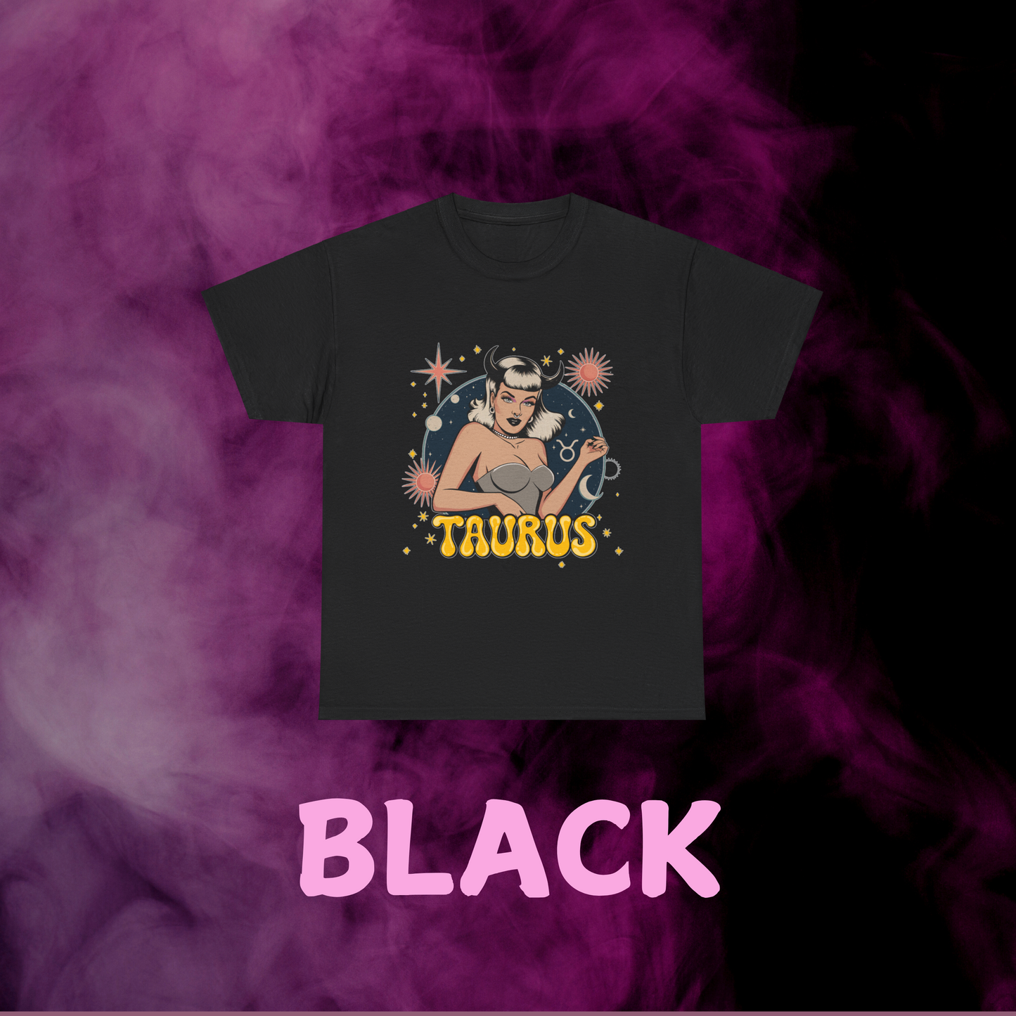 Earth sign Taurus vintage black tee: graphic of girl with horns, sign & constellations. April birthday idea.