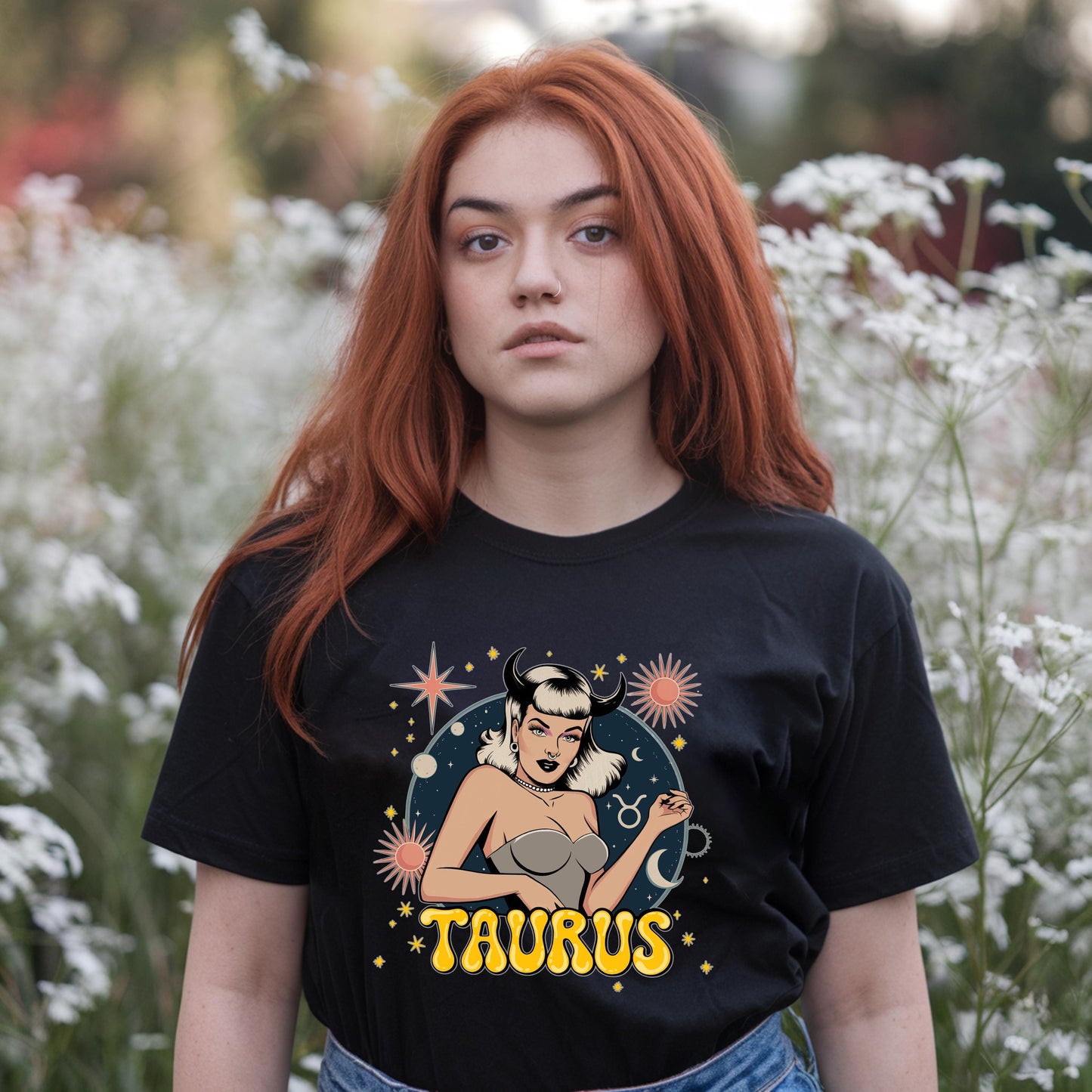 Goth style black Taurus tee featuring vintage horned maiden, symbol & celestial stars. Astrology gift.