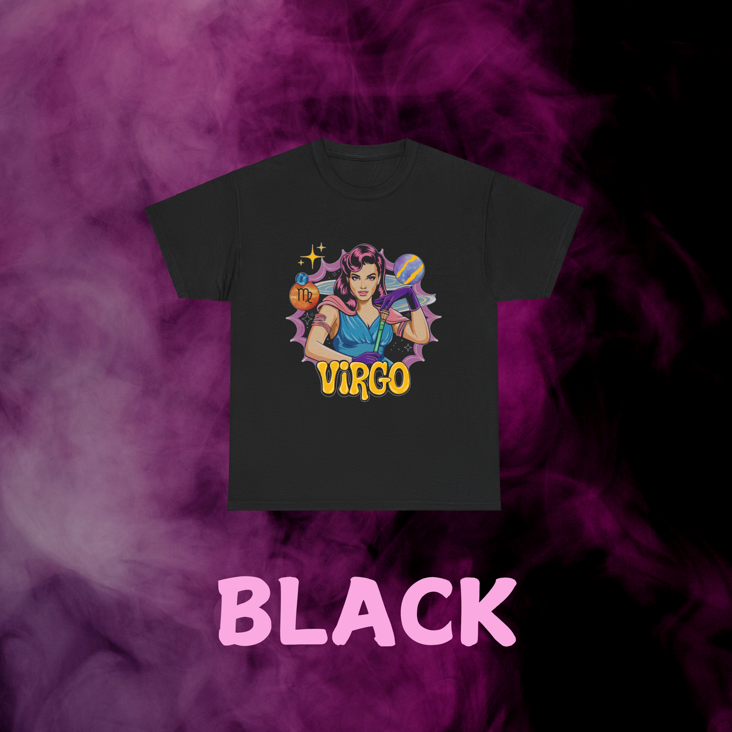 Black vintage Virgo zodiac t-shirt with classic distressed maiden artwork. Horoscope apparel gift.