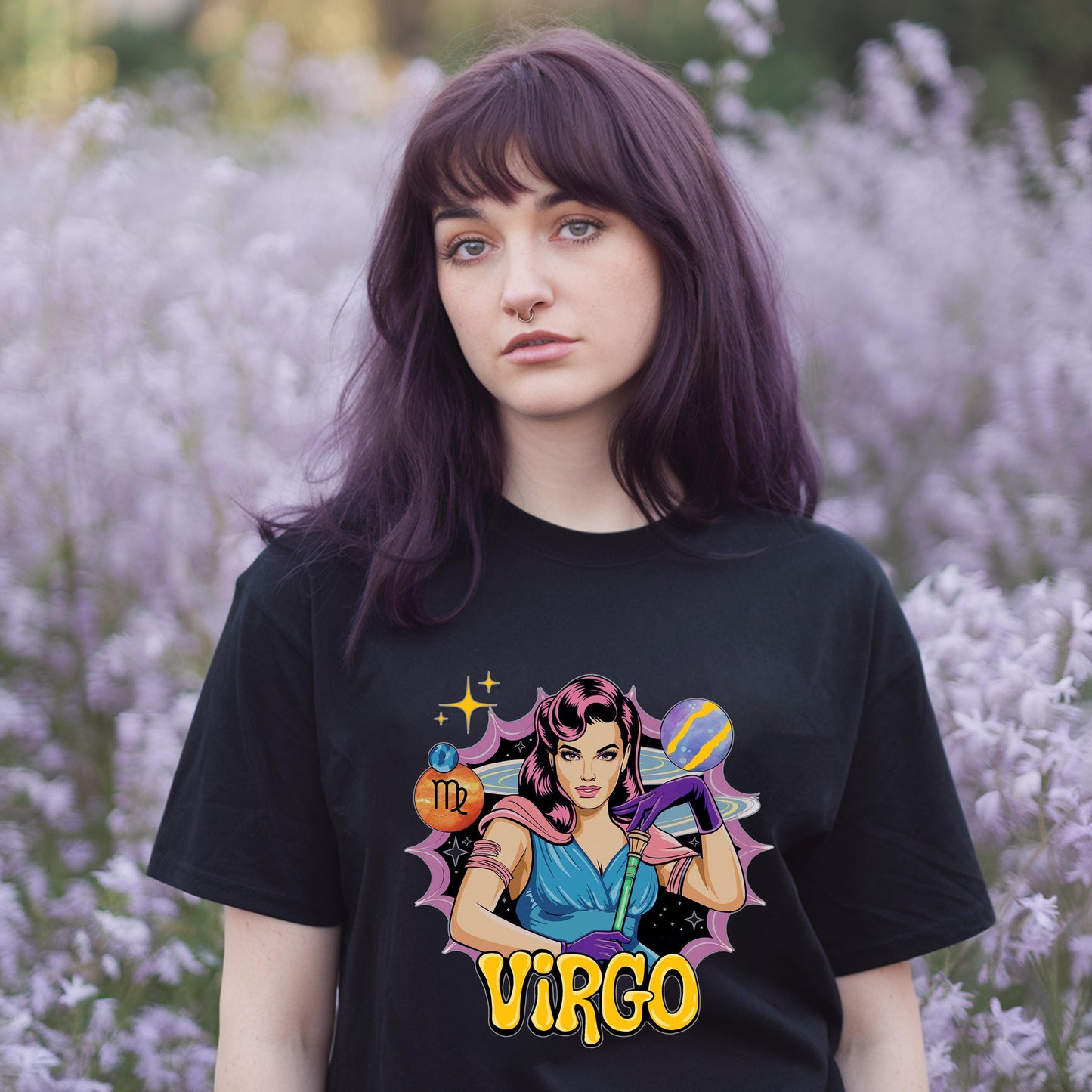 Retro Virgo star sign graphic tee in black. Distressed vintage design for astrology enthusiasts.