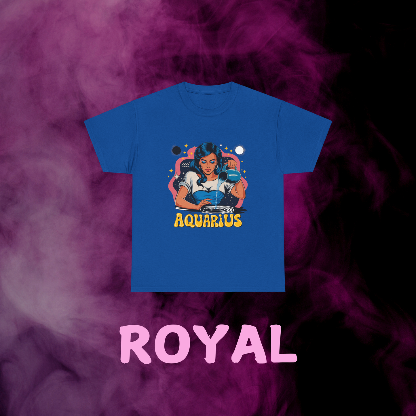 Royal blue vintage Aquarius shirt displaying art of woman pouring water pitcher, constellations & sign. Astrology gift.