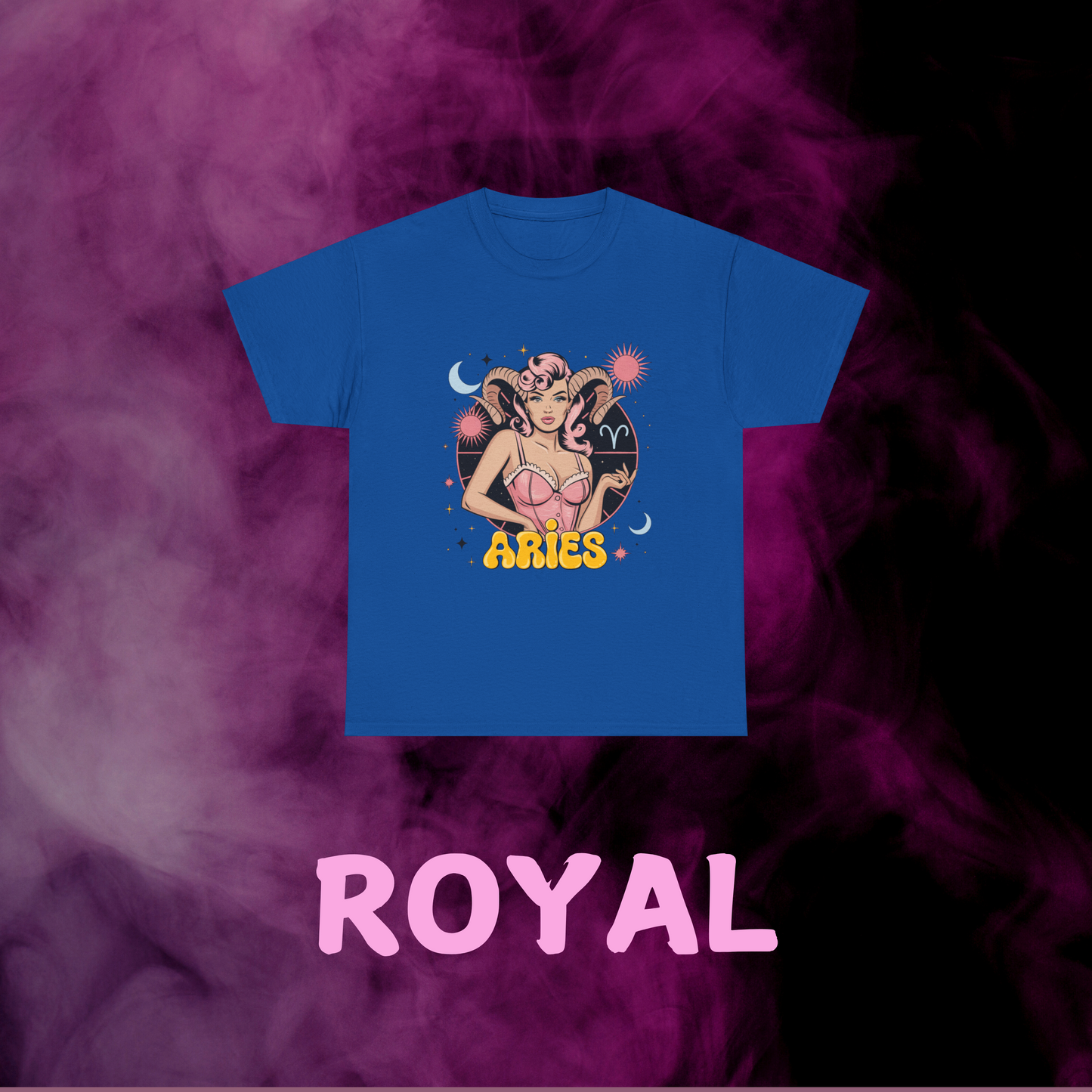 Deep blue classic tee displaying Aries woman with ram horns graphic, constellations & sign. Vintage astrology gift.