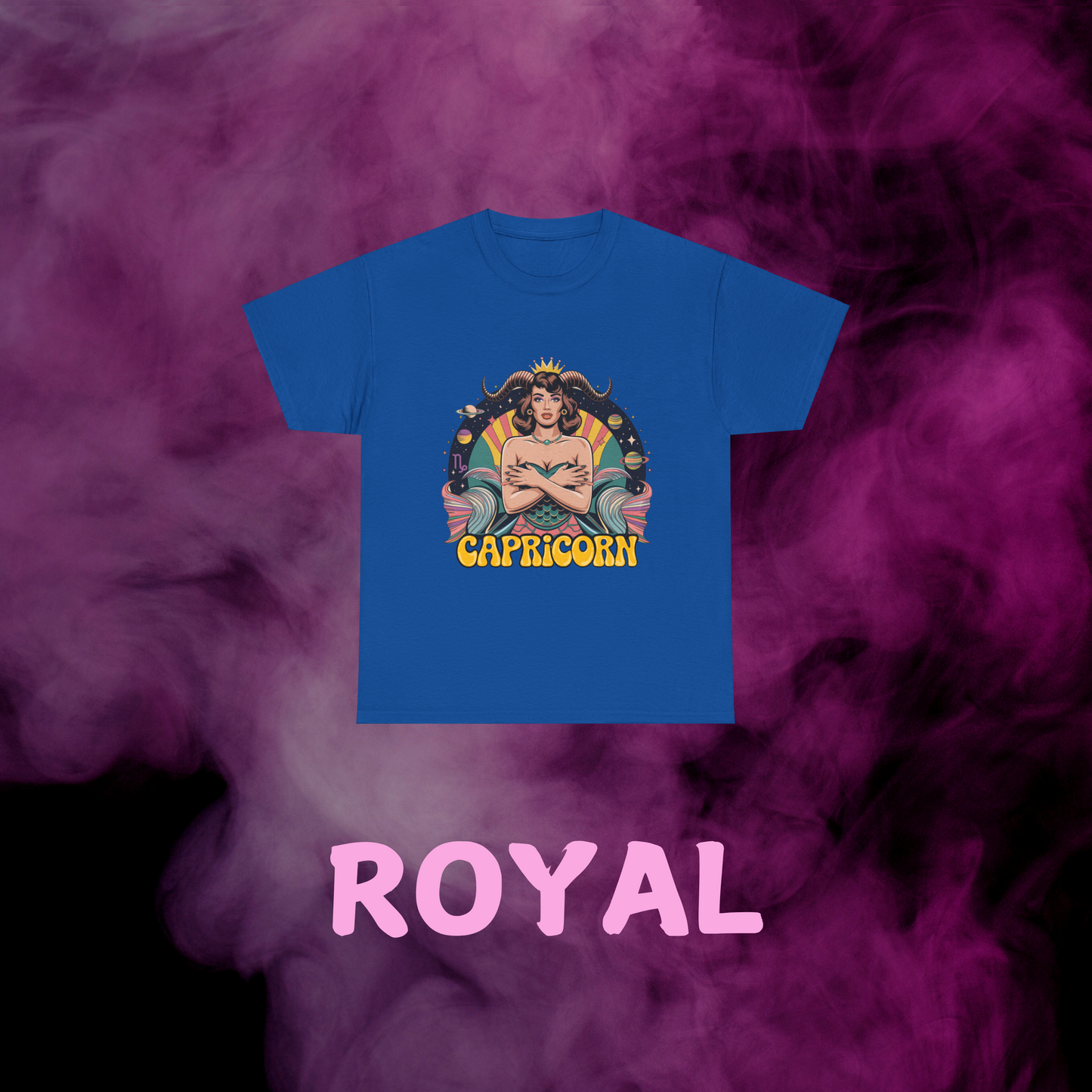 Deep royal blue vintage Capricorn graphic t-shirt: sea-goat woman with horn, fish tail, sign & space motifs. Zodiac clothing.