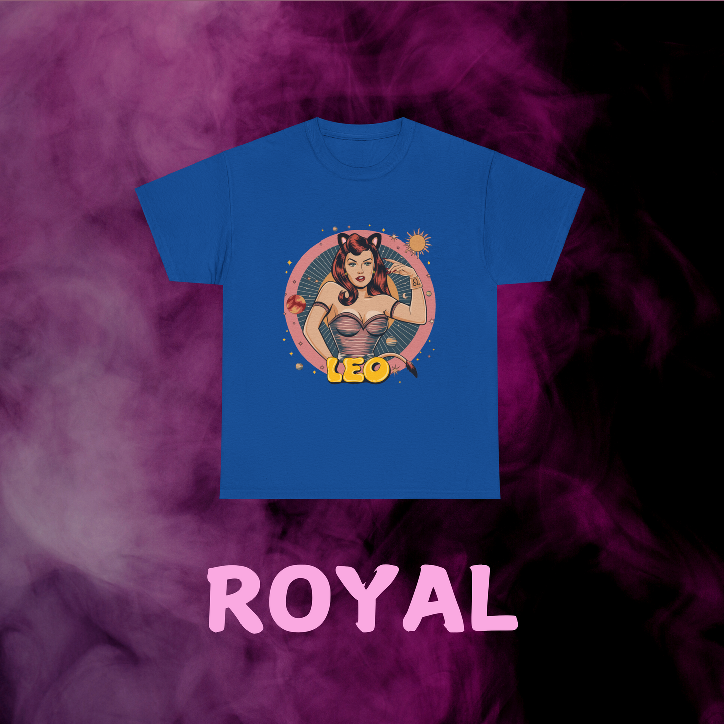 Royal blue Leo zodiac shirt featuring a distressed retro print of a feline girl. Vintage astrology fashion.