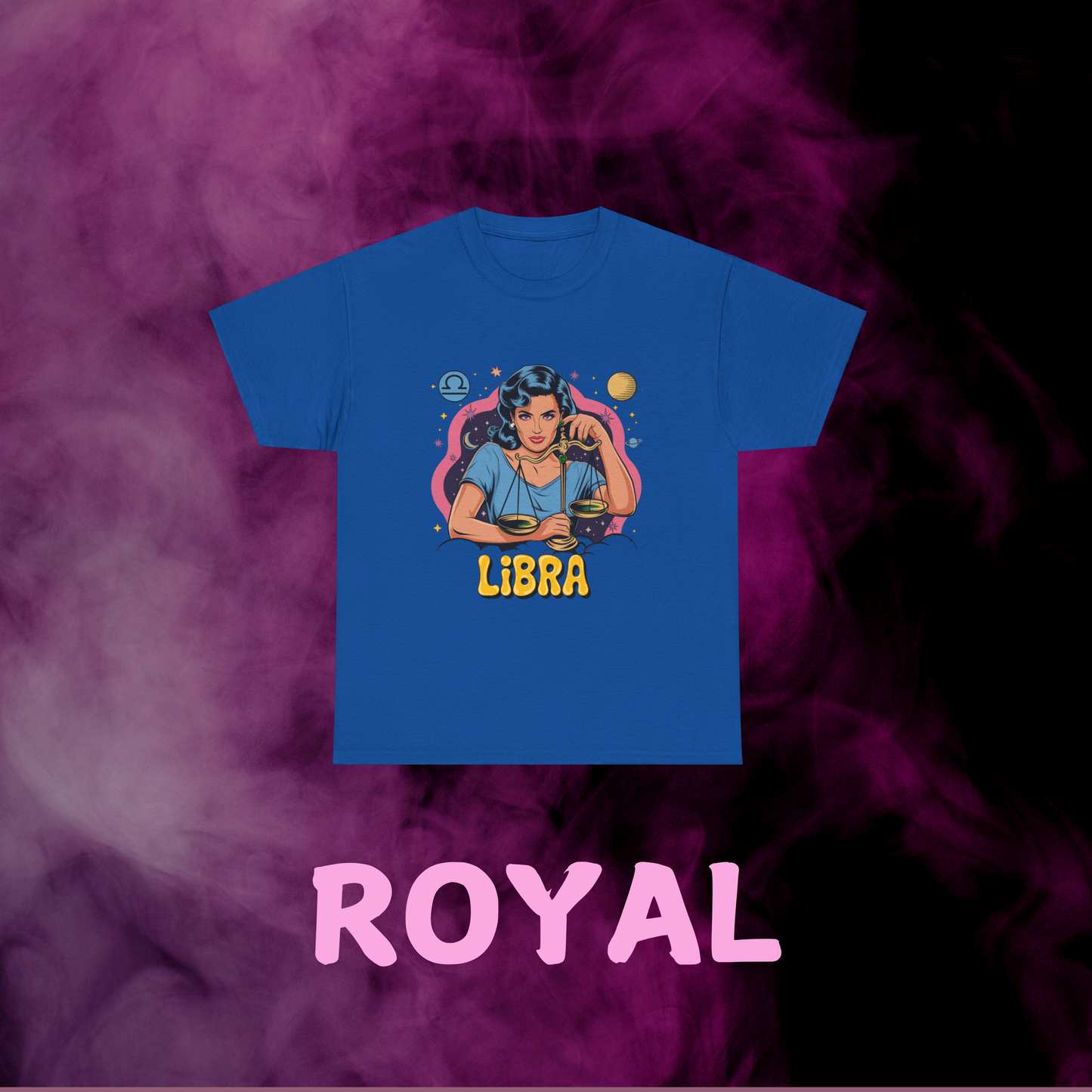 Deep royal blue vintage Libra tee art featuring woman with scales, symbol & cosmic background. Zodiac top