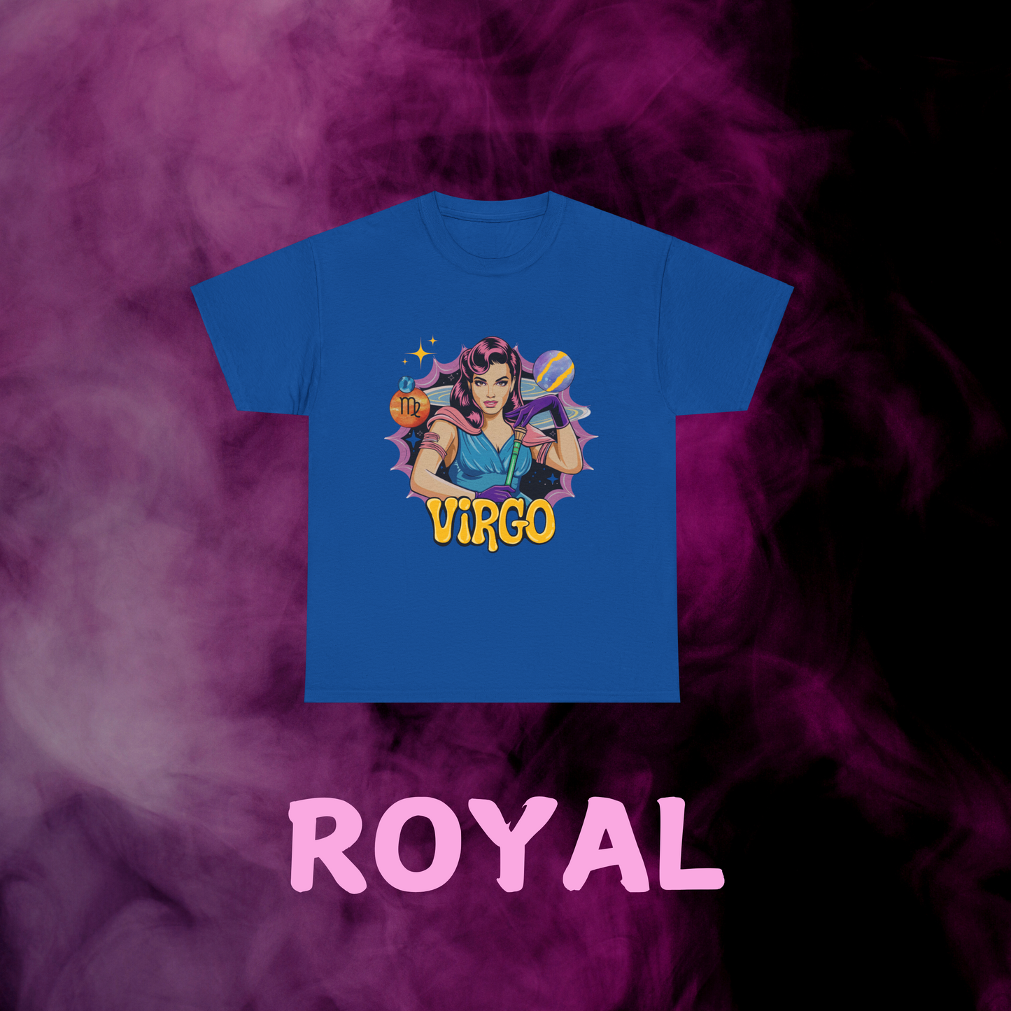 blue Virgo zodiac shirt featuring a distressed retro Virgo symbol. Vintage astrology fashion.