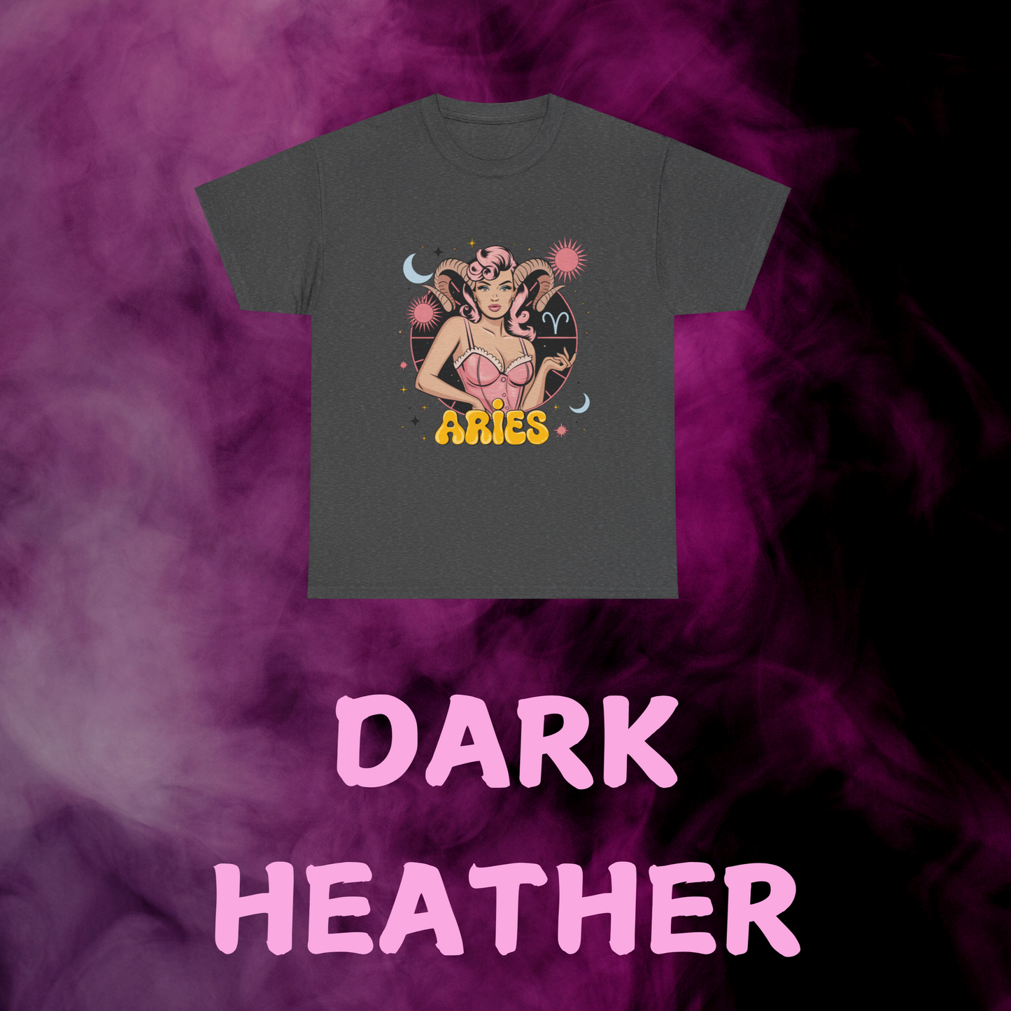 Heather gray retro Aries tee showcasing ram-horned woman design with stars & sign. Zodiac horoscope shirt.