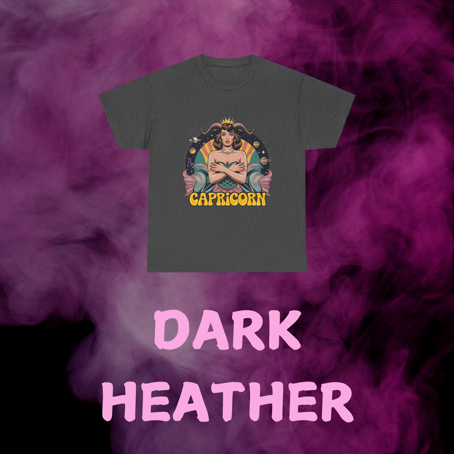 Heather gray retro Capricorn tee with mystical vintage design: sea-goat woman, horn, tail, stars, sign. Horoscope shirt.
