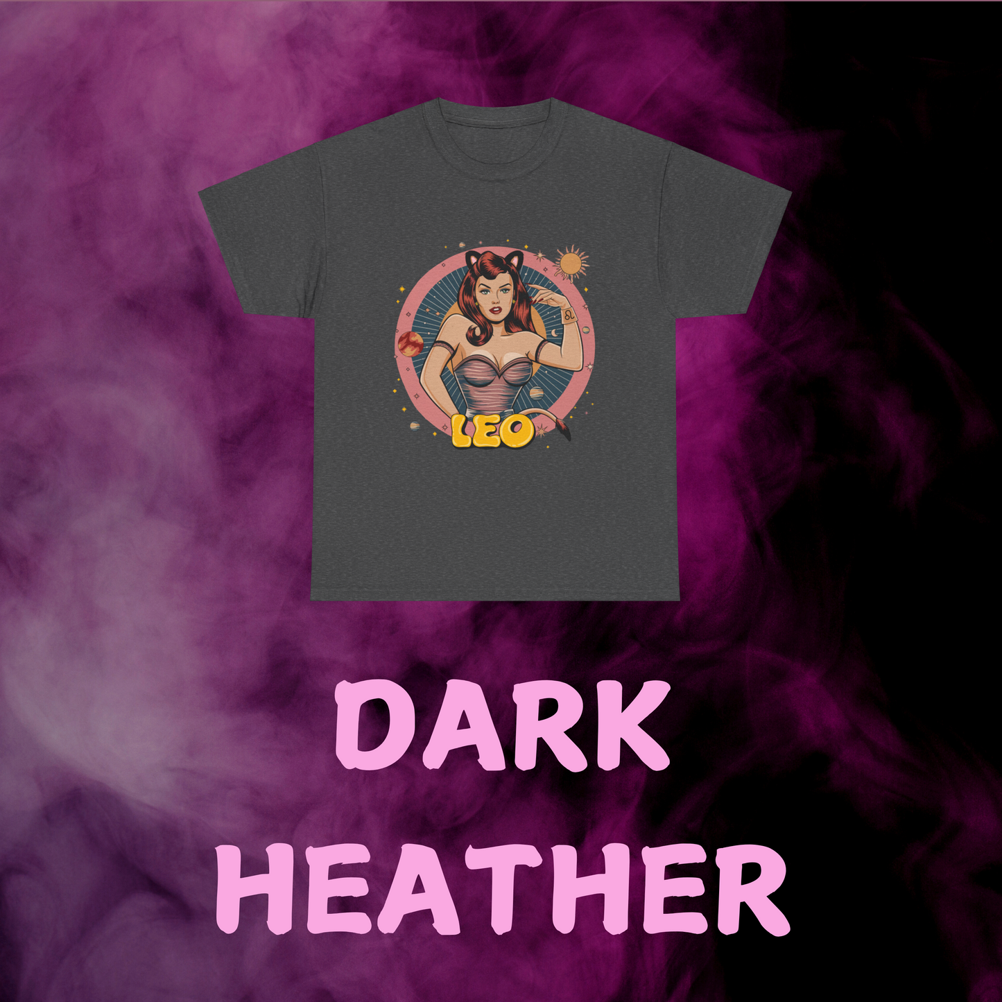 Heather gray Leo t-shirt featuring a classic vintage design of a girl with feline features. Zodiac horoscope clothing.