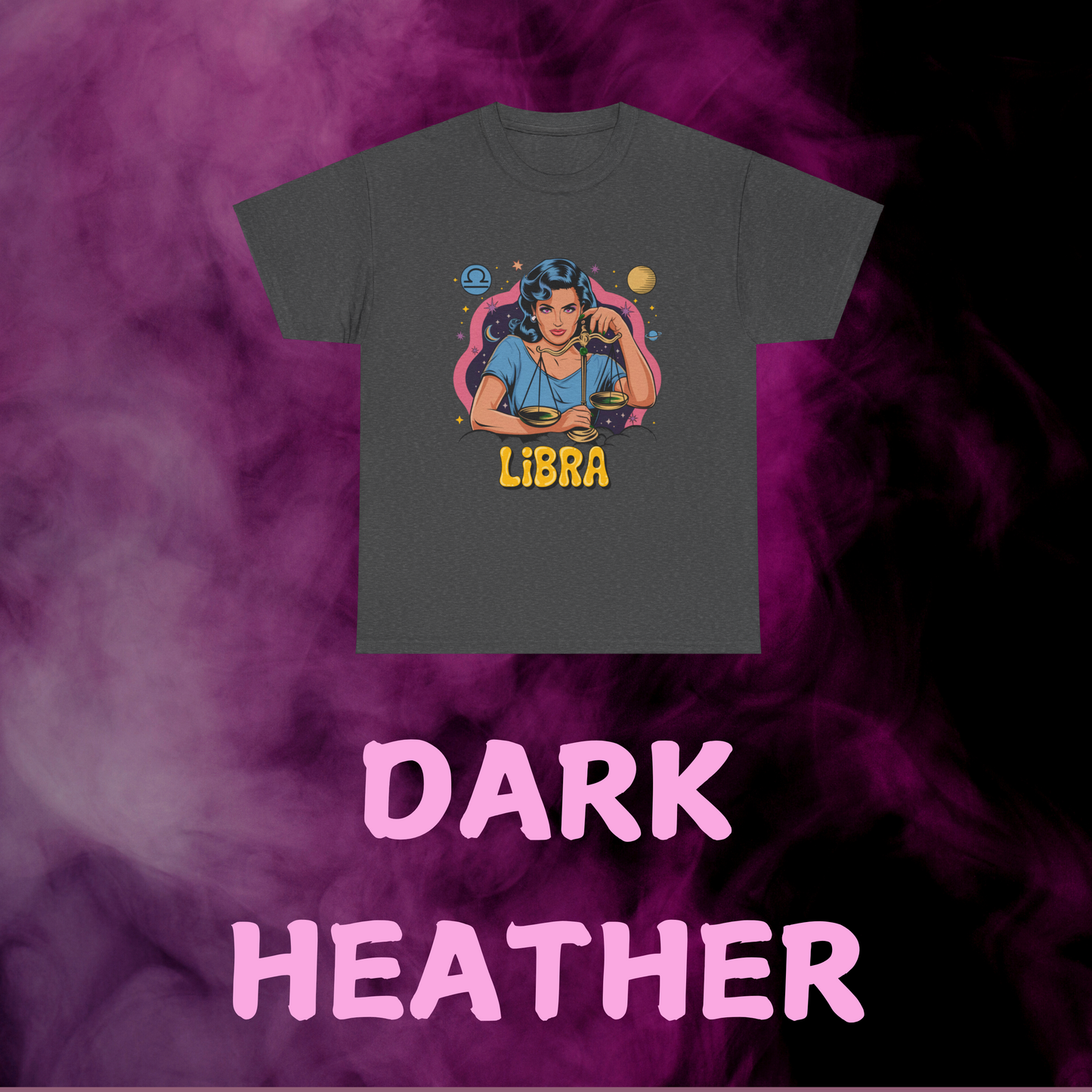 Heather gray retro Libra shirt with zodiac balance design: woman, scales, stars, symbol. Horoscope clothing.