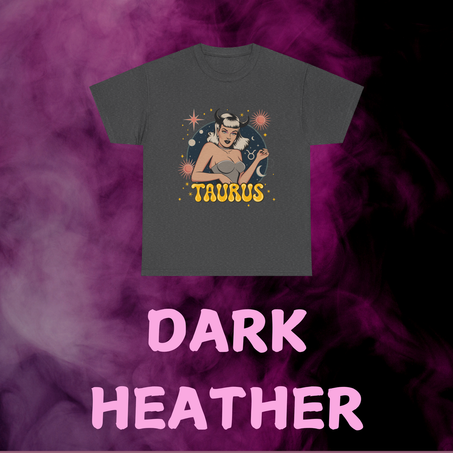 Heather gray retro Taurus zodiac art shirt: vintage girl bull horns design with sign & stars. Horoscope top.
