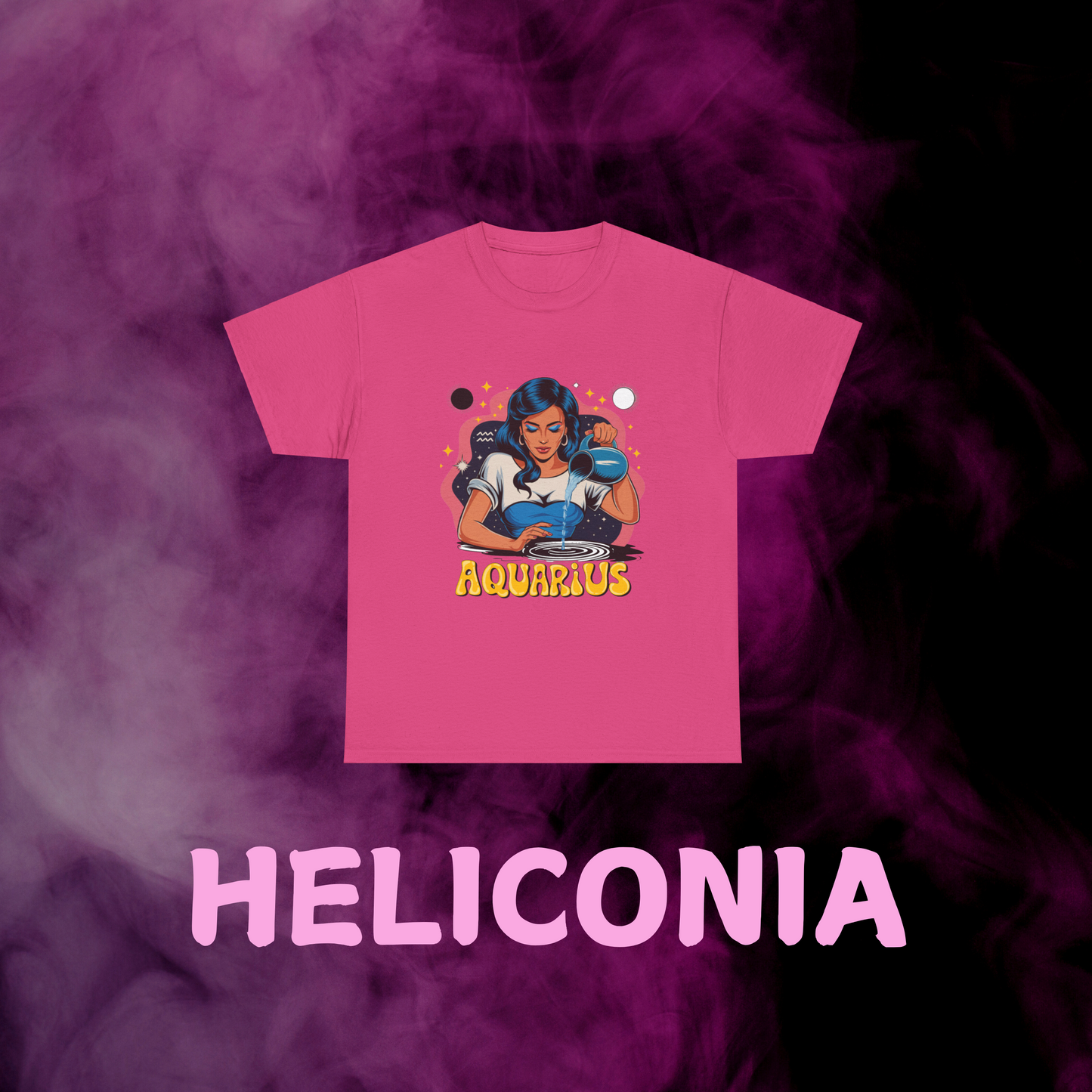 Vibrant hot pink retro Aquarius water bearer design t-shirt with constellations & sign. February birthday gift.