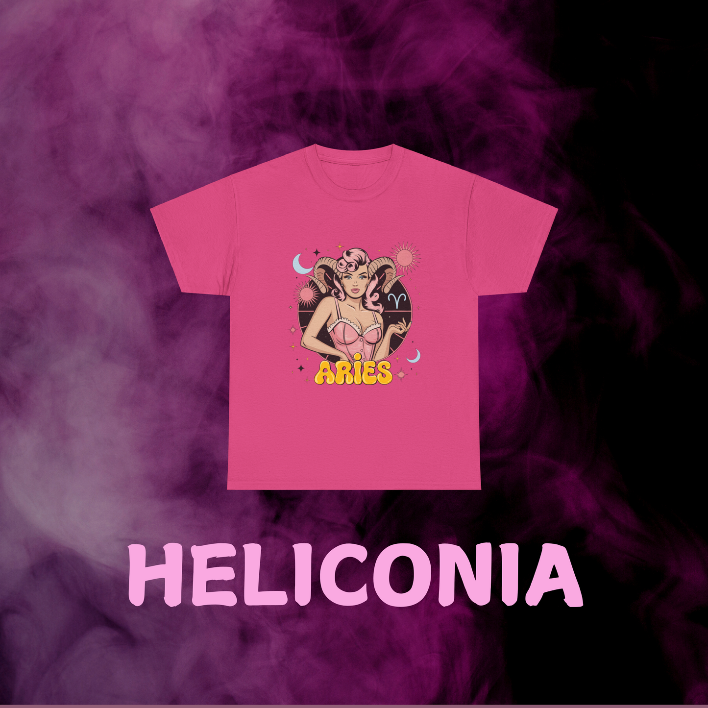 Vibrant hot pink retro Aries design tee: woman with ram horns, sign, stars. April birthday astrology gift.