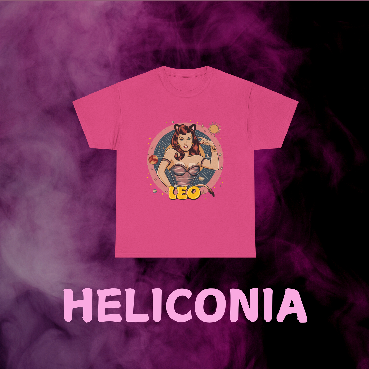 Bold hot pink vintage Leo graphic t-shirt with stylized retro feline girl design. Astrology clothing for August birthdays.