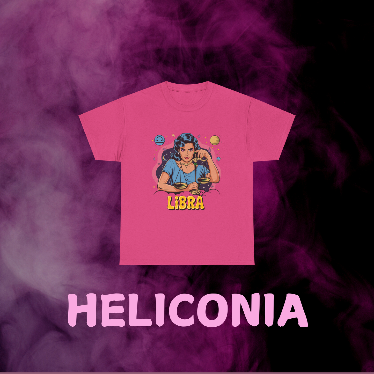 Vibrant hot pink retro Libra scales tee showing woman graphic, symbol, stars. October birthday astrology gift