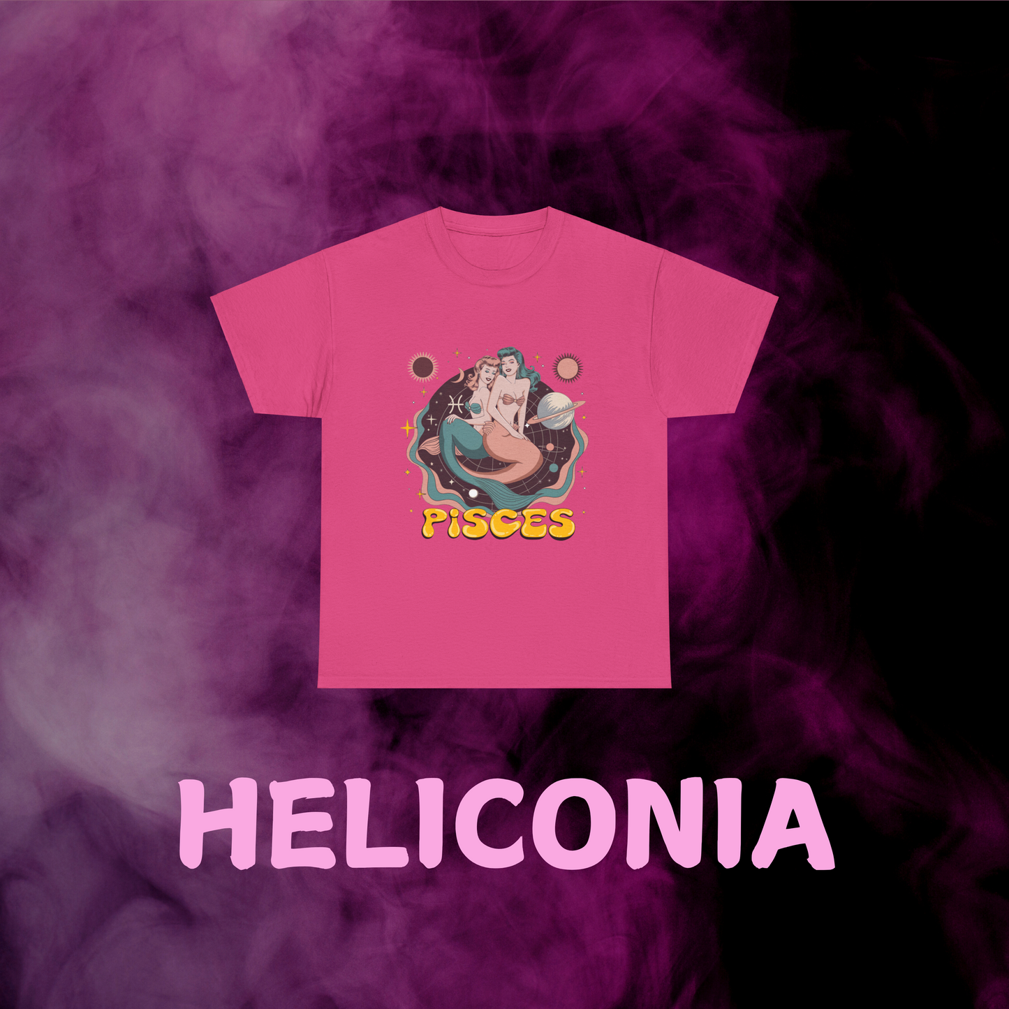 Bold hot pink retro Pisces graphic t-shirt with stylized vintage fish. Astrology clothing for February and March birthdays.