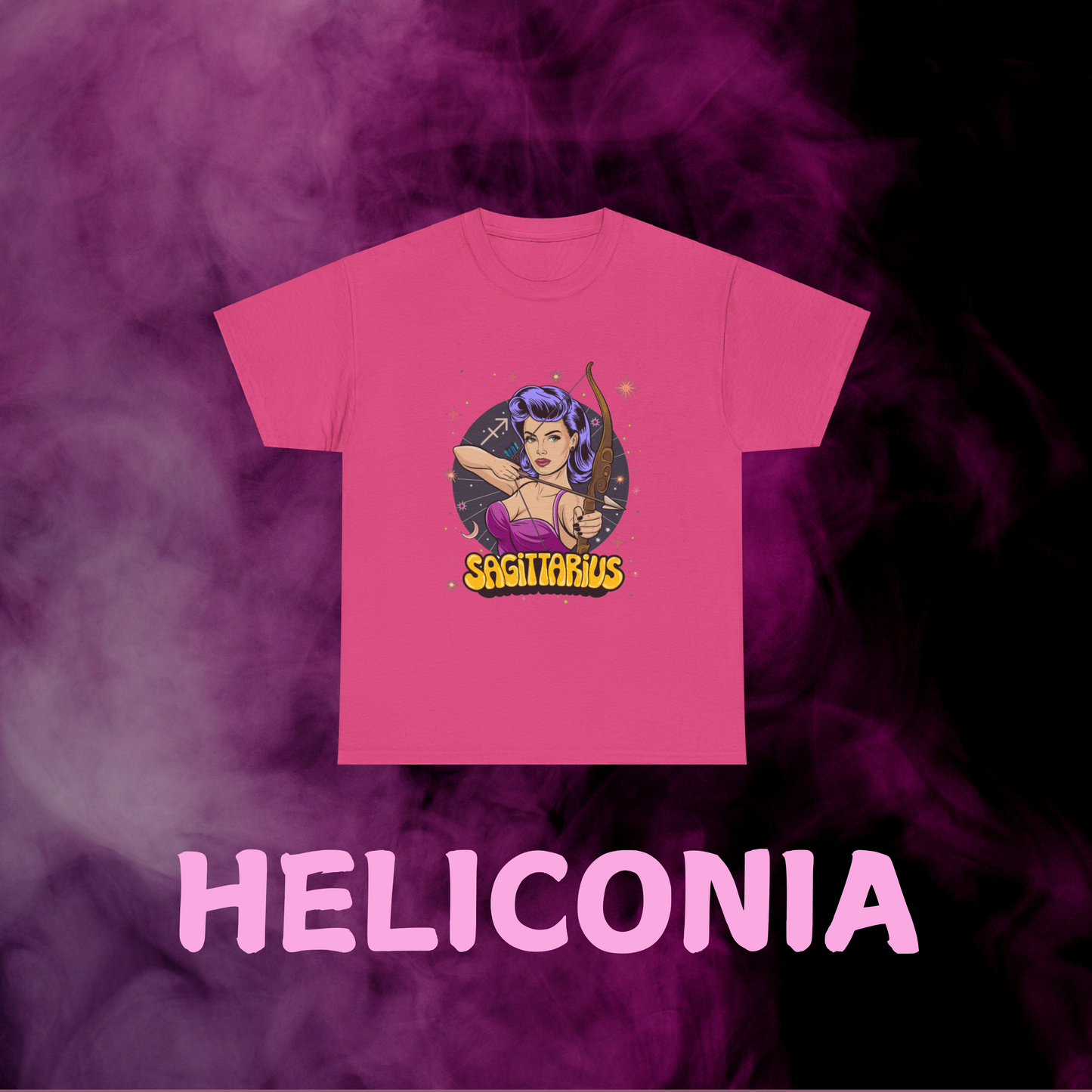 Bold retro hot pink Sagittarius t-shirt with colorful vintage archer woman & constellation art. November birthday gift.