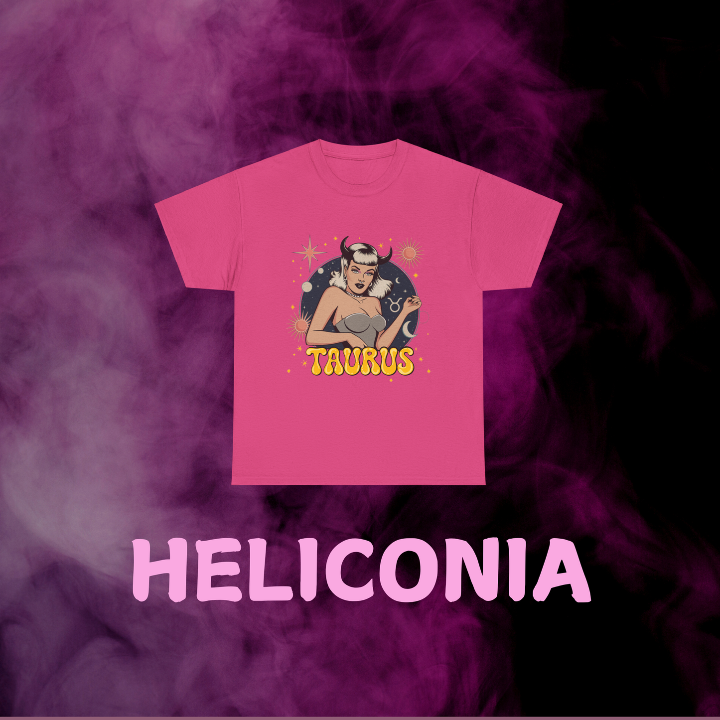 Vibrant hot pink retro Taurus design t-shirt: girl with horns, constellations, sign. May birthday gift