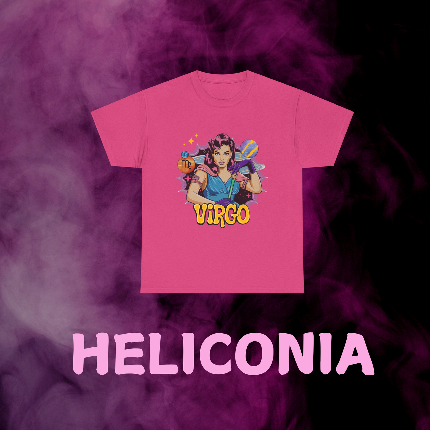 Bold hot pink retro Virgo graphic t-shirt with a stylized vintage maiden. Astrology clothing for September birthdays.