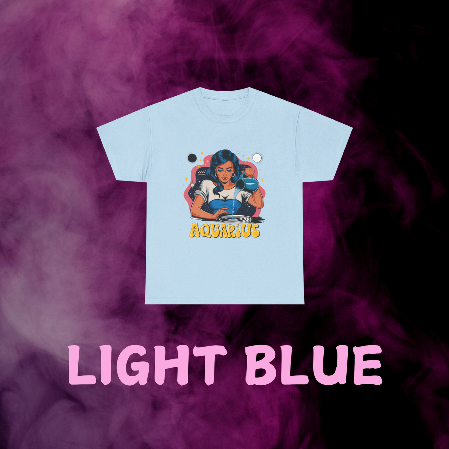 Airy light blue retro Aquarius tee combining water bearer, stars, & sign in vintage design. Star sign apparel.