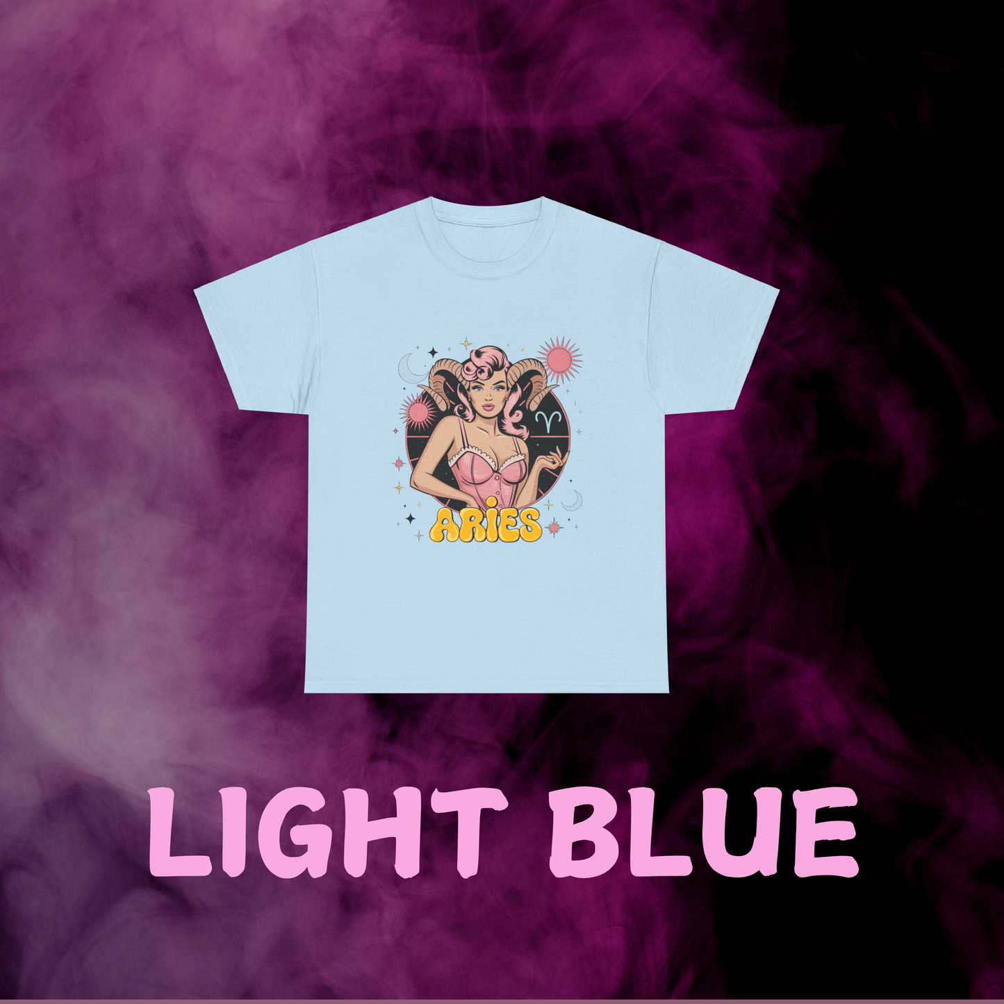 Pastel retro light blue Aries shirt - vintage design: woman with ram horns, stars, Aries sign. Star sign clothing.