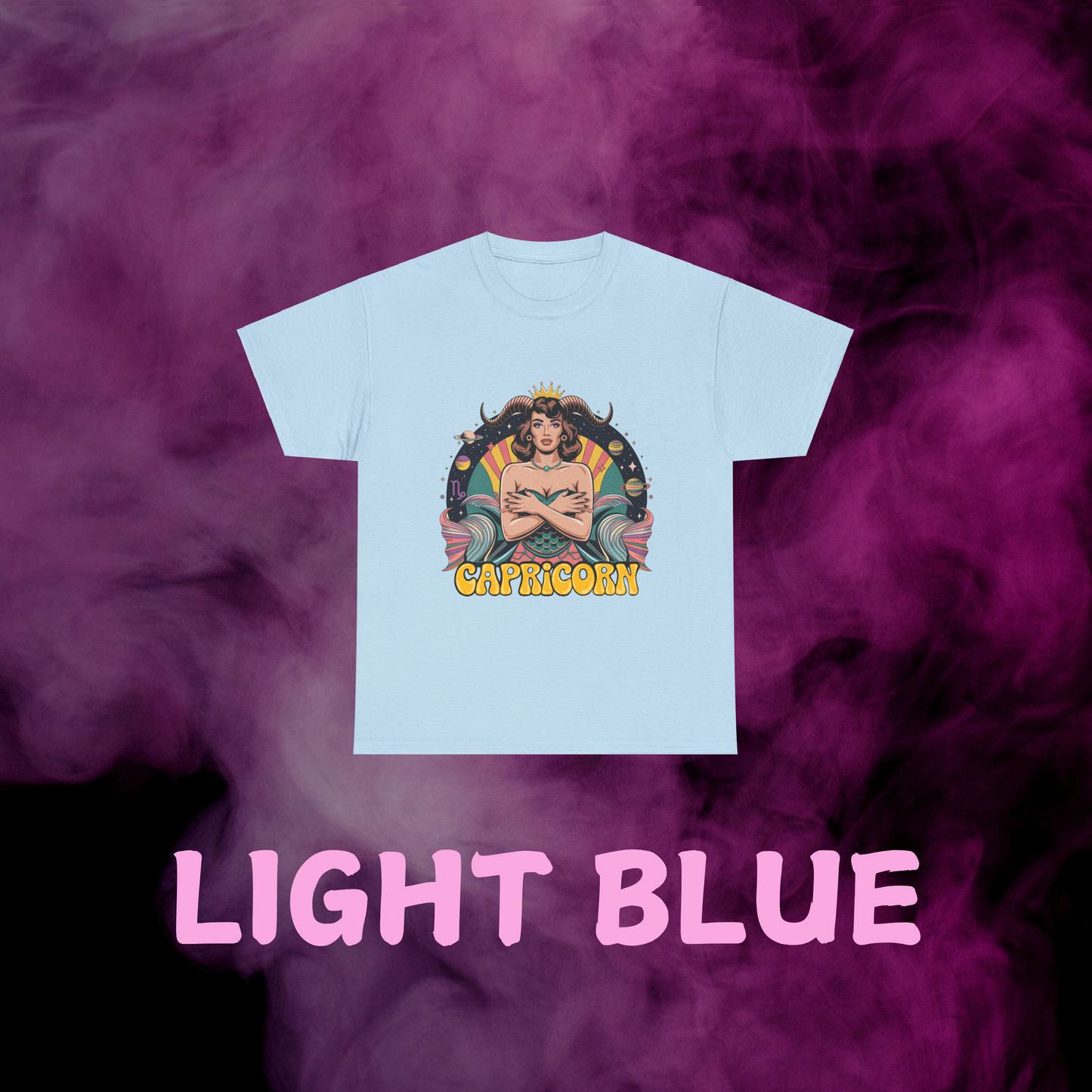 Pastel retro light blue Capricorn shirt with vintage sea-goat woman art, stars & sign. Star sign fashion tee.