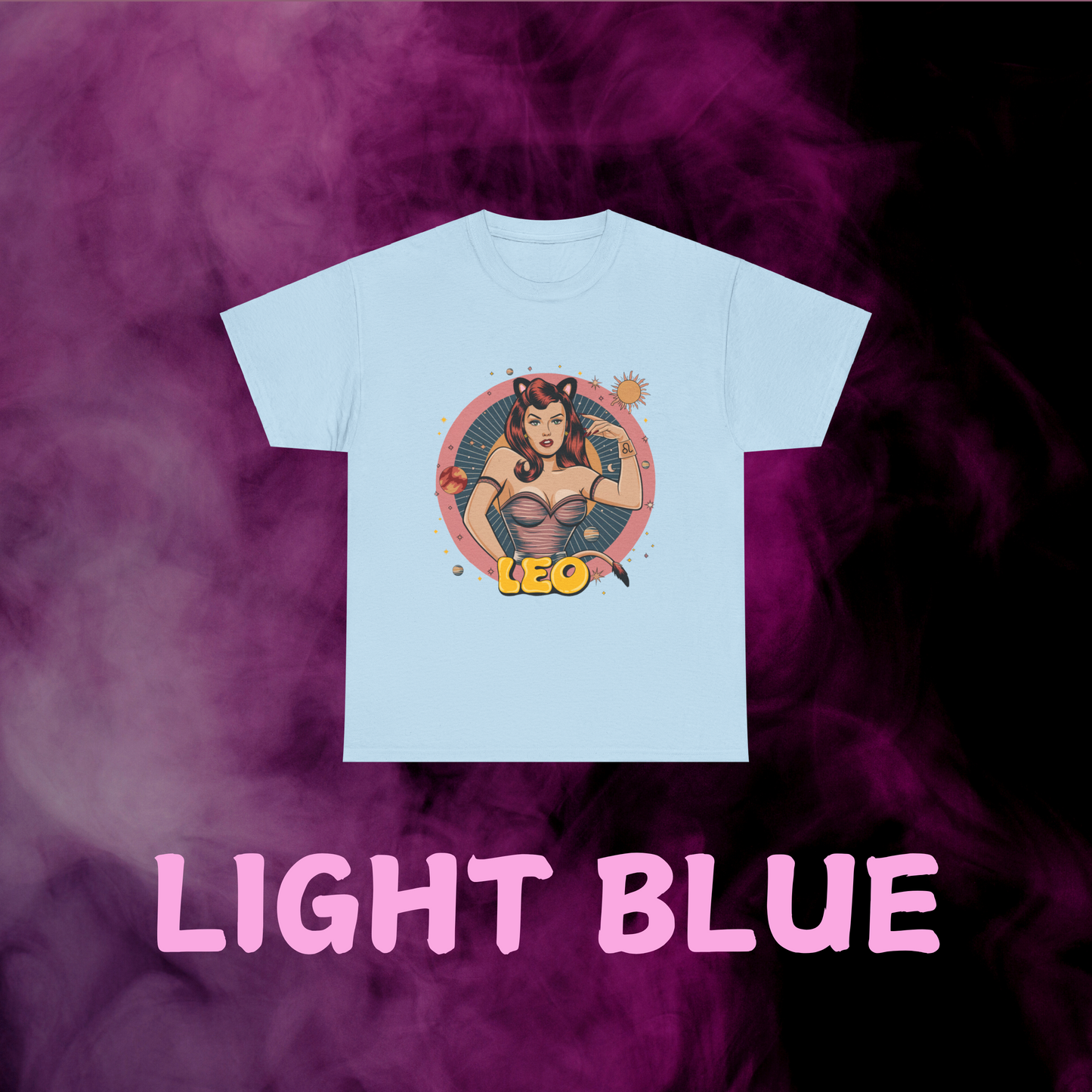 Light blue retro style Leo t-shirt with an artistic graphic of a girl with feline features. Celestial star sign gift.