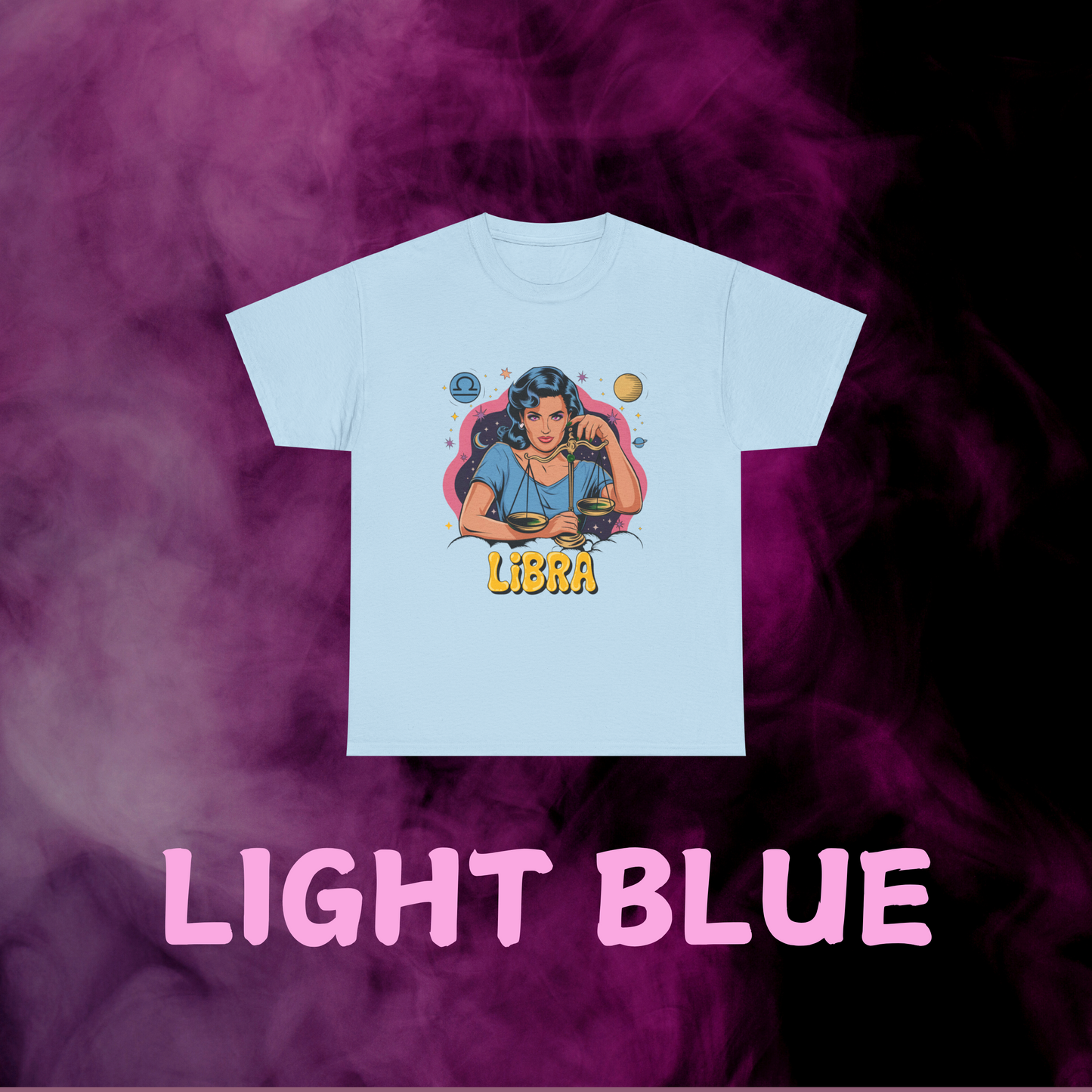 Pastel retro light blue Libra shirt: scales woman design with stars & sign. Star sign fashion apparel.