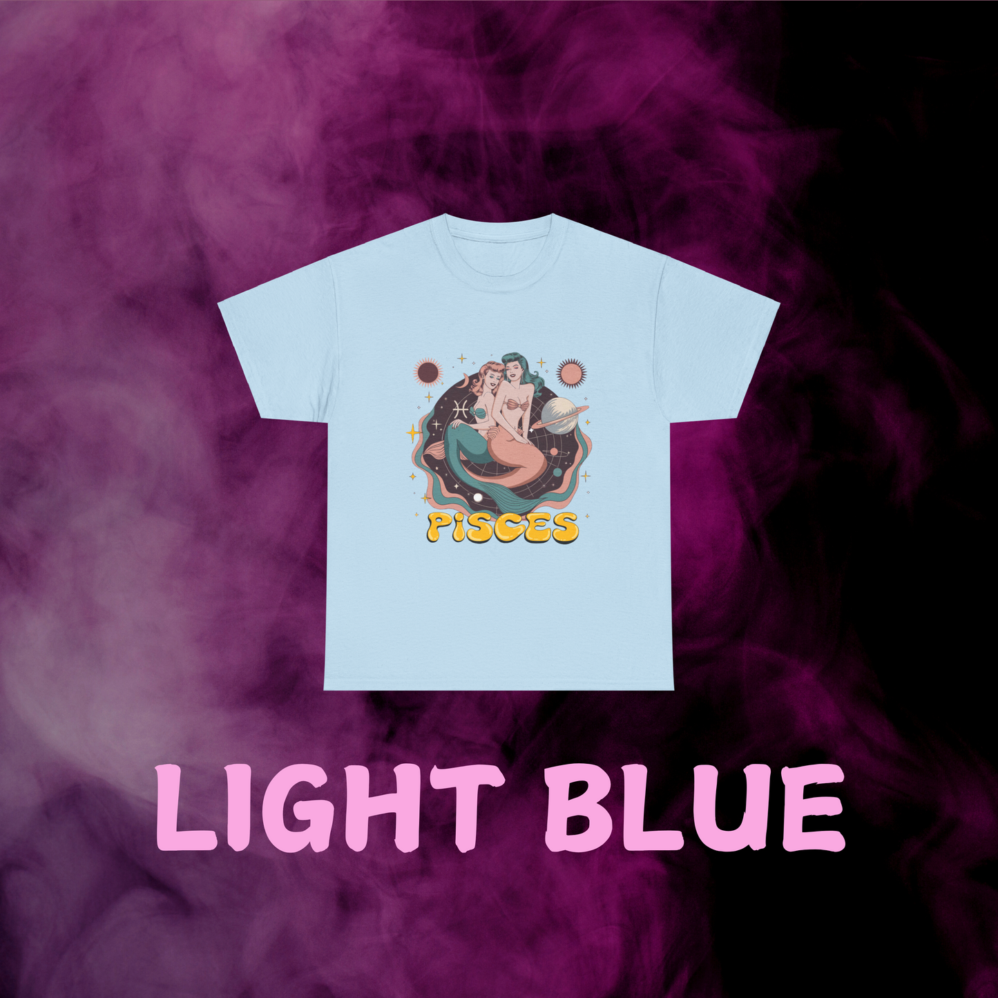 Light blue vintage style Pisces t-shirt with an artistic twin fish graphic. Celestial star sign gift