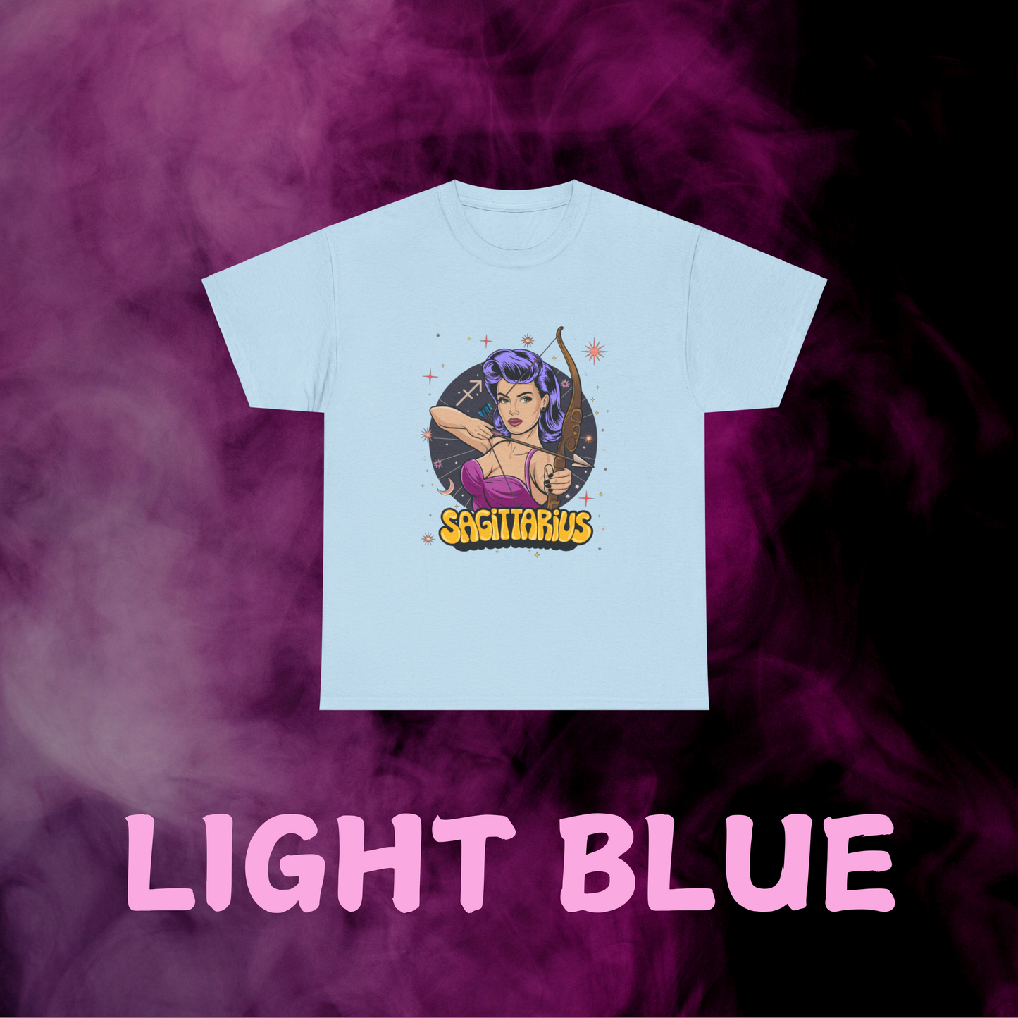 Pastel retro light blue Sag tee: colorful vintage design of woman archer among constellations. Star sign clothing.