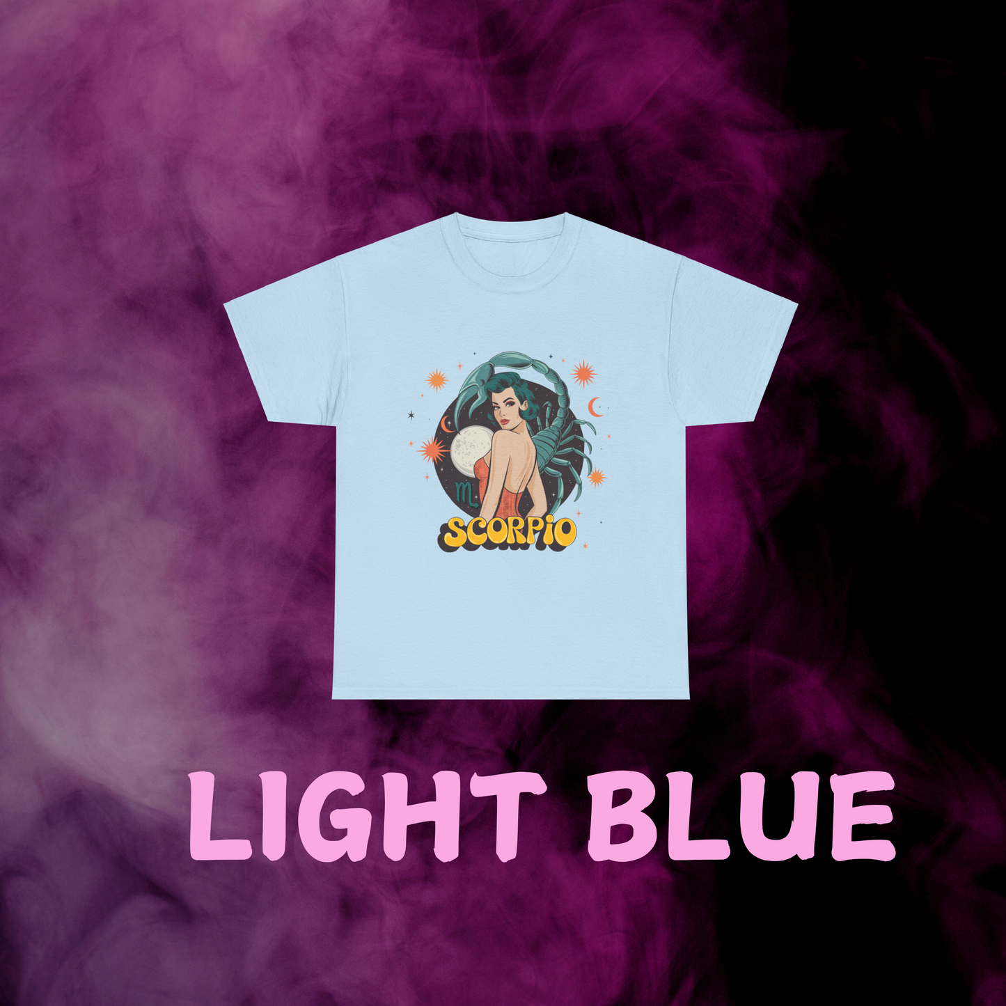 Light blue vintage style Scorpio t-shirt with artistic scorpion graphic. Celestial star sign clothing.