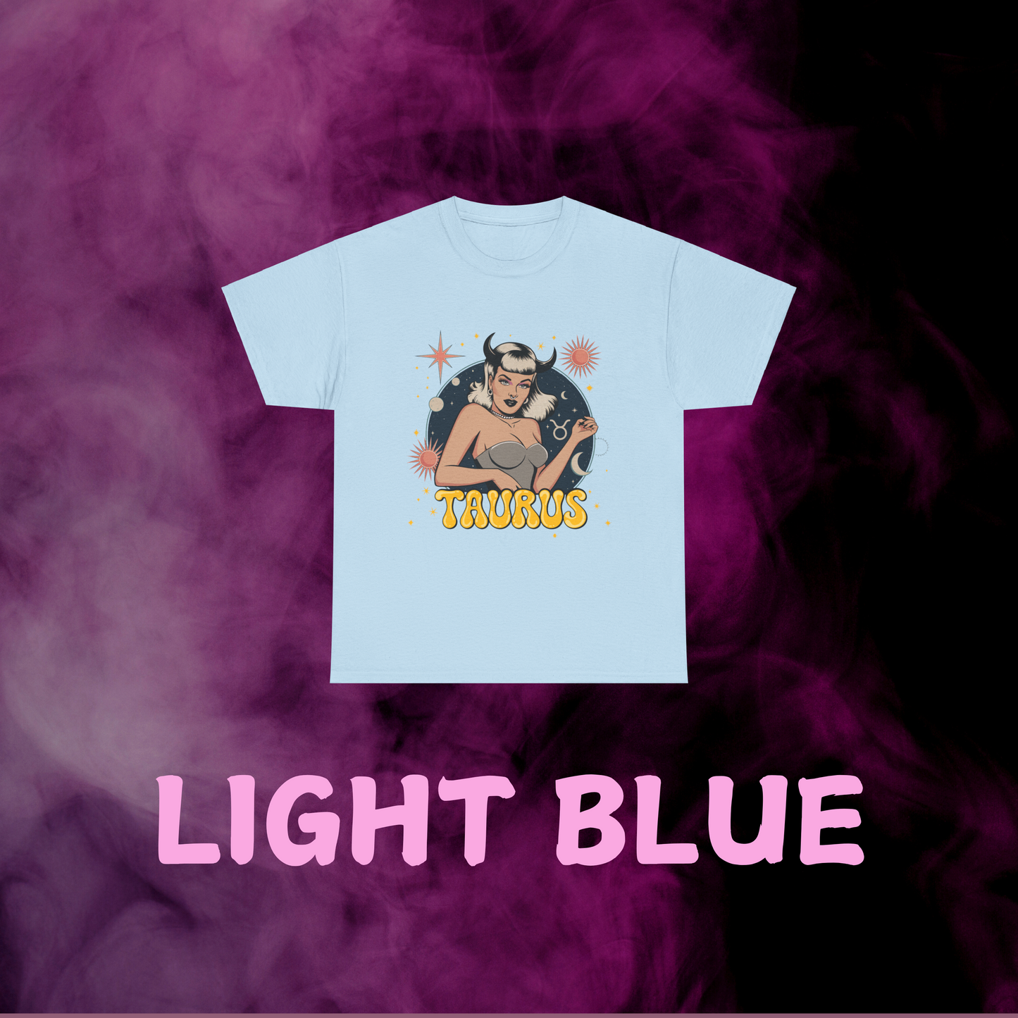 Pastel retro light blue Taurus tee: design of girl with horns, constellations & sign. Star sign fashion.
