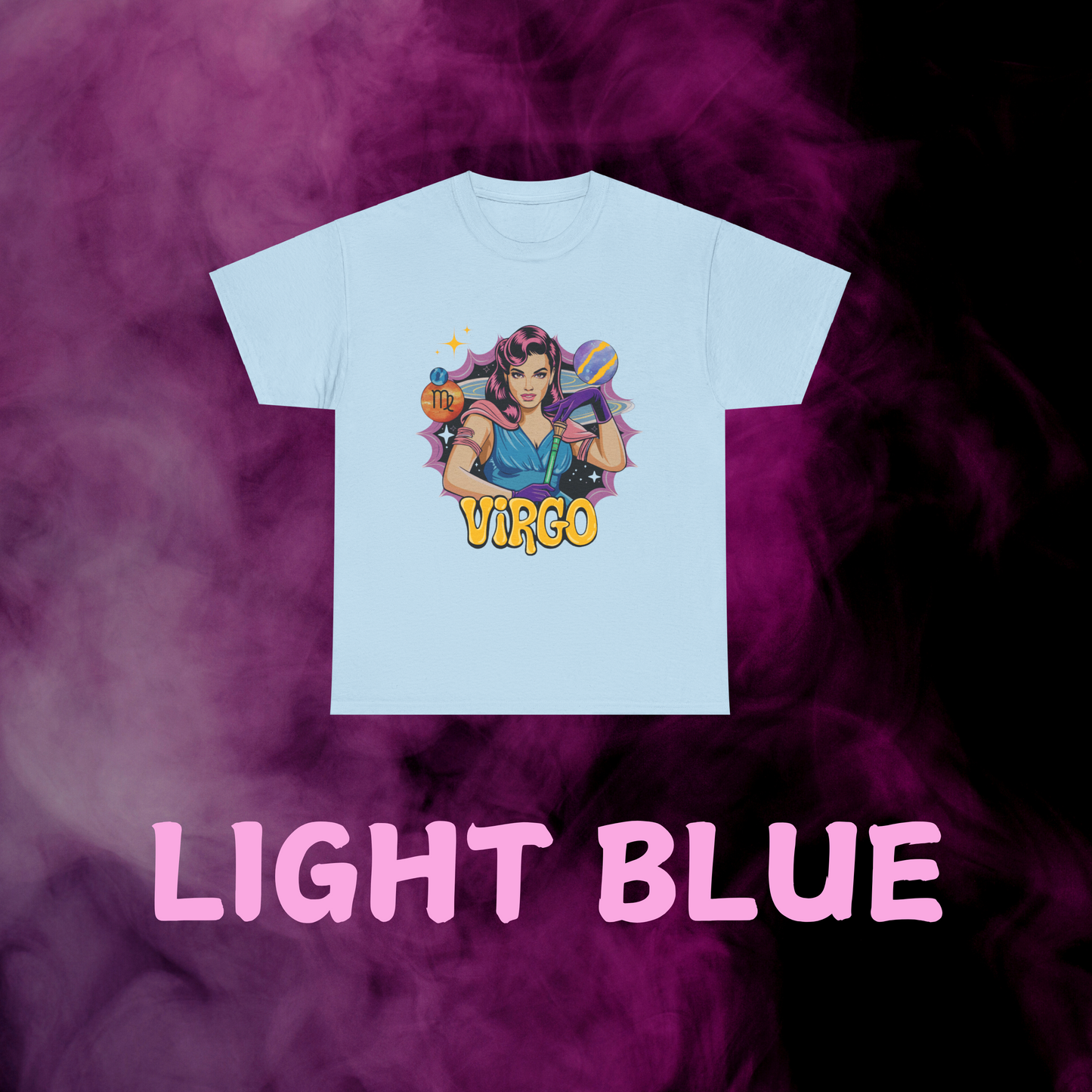 Light blue vintage style Virgo t-shirt with an artistic maiden graphic. Celestial star sign gift.