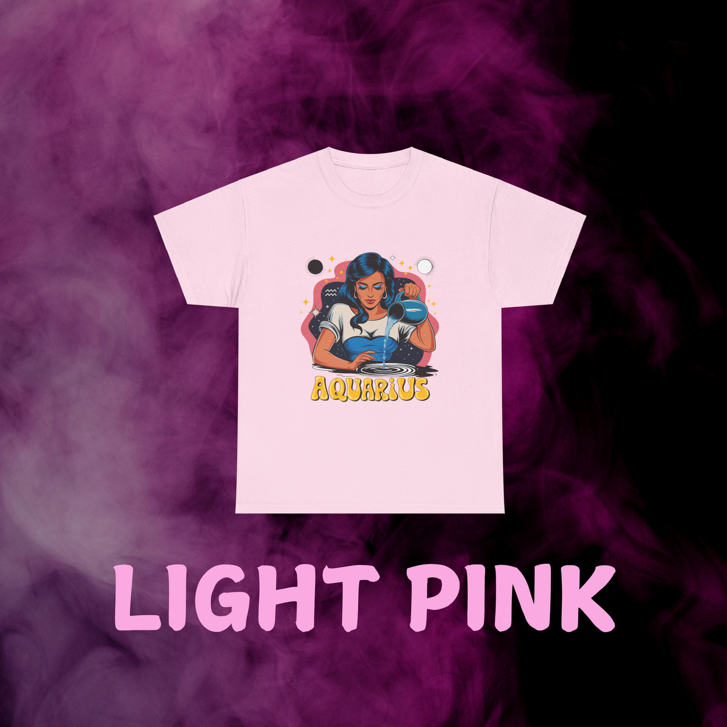 Soft pink throwback Aquarius graphic tee: vintage woman pouring water amid constellations & sign. Celestial top.