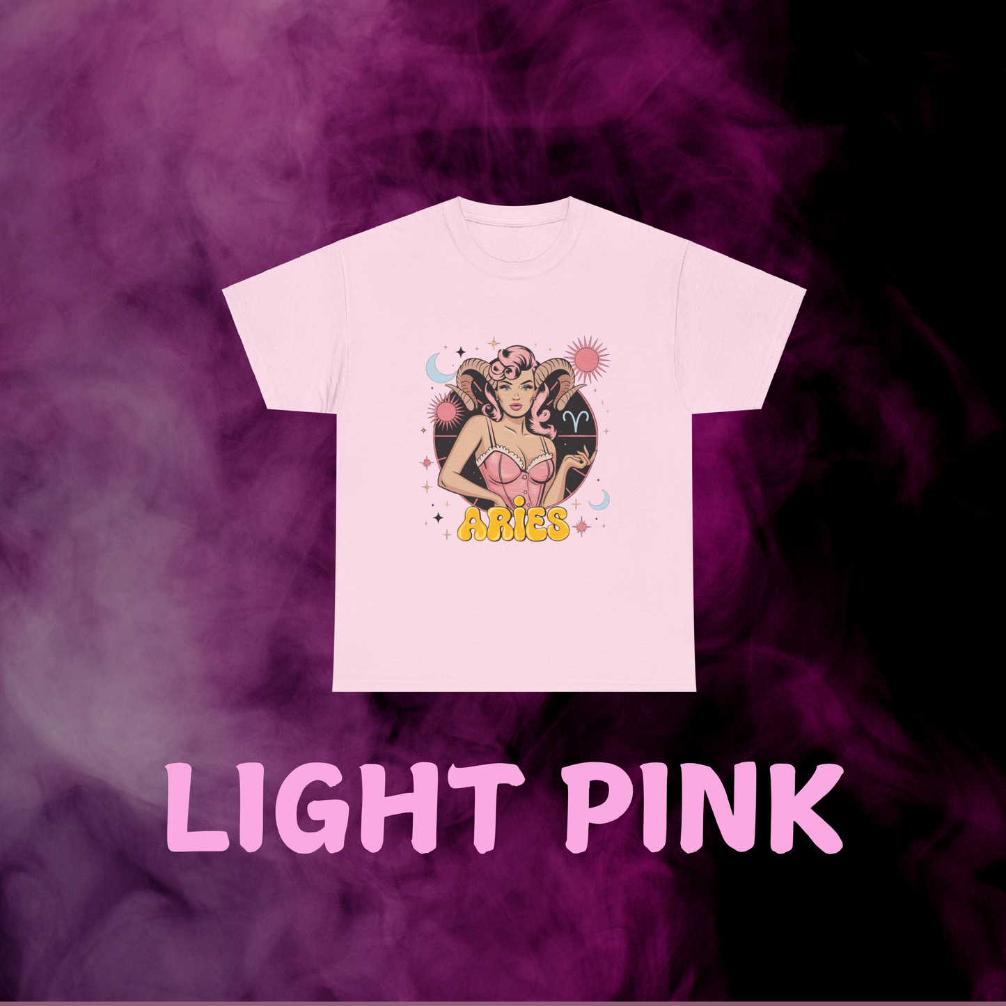 Soft pink throwback Aries t-shirt graphic: ram horned woman surrounded by constellations & Aries sign. Celestial apparel.