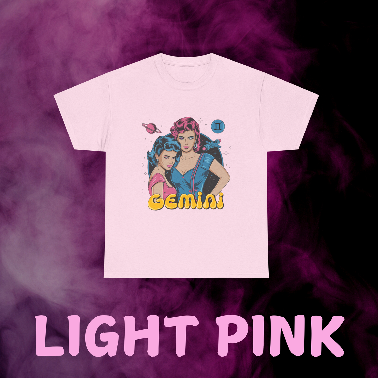 Light Pink Retro Gemini astrology sign t-shirt.
