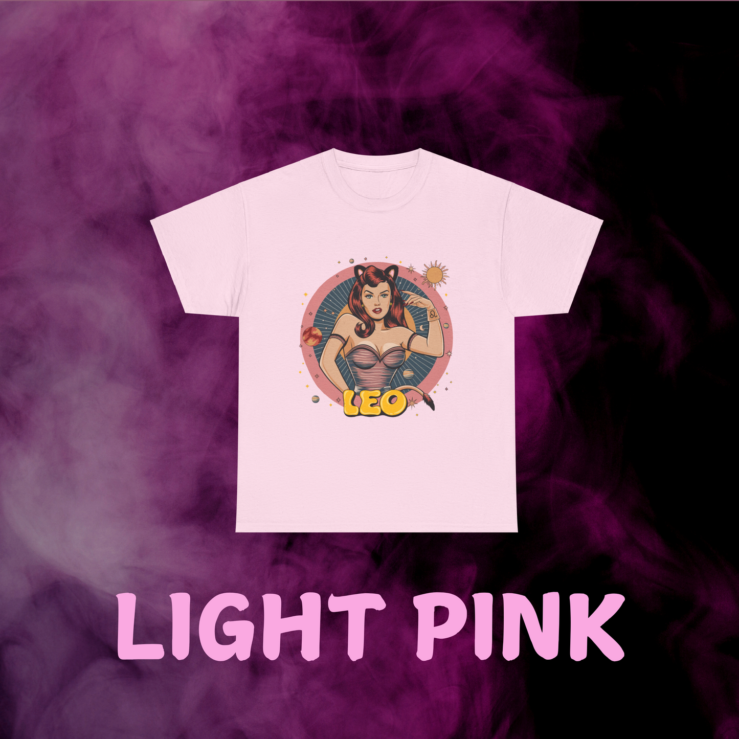 Soft light pink Leo horoscope tee showing a subtle vintage design of a feline maiden. Zodiac apparel idea